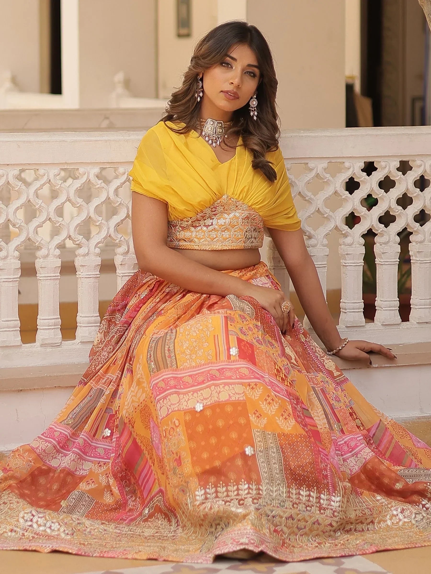 Yellow Majestic Dusty Digital Printed Silk Designer Crop Top Lehenga