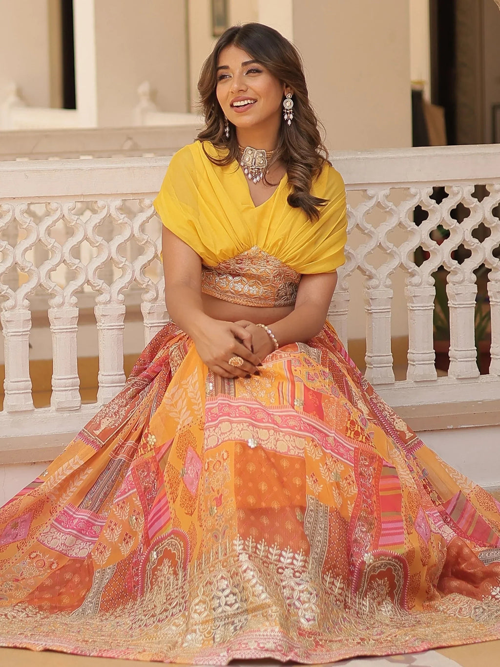 Yellow Majestic Dusty Digital Printed Silk Designer Crop Top Lehenga