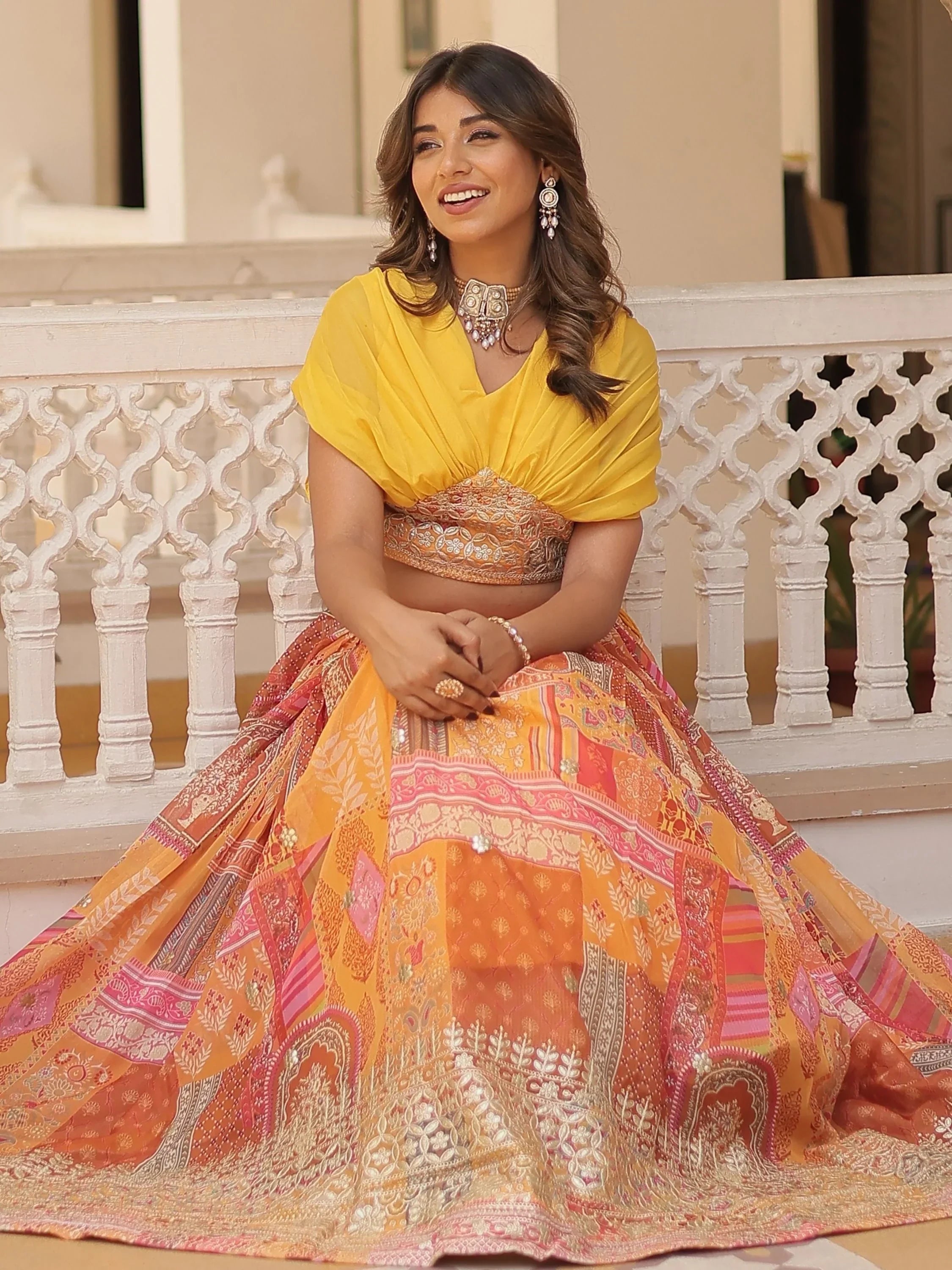 Yellow Majestic Dusty Digital Printed Silk Designer Crop Top Lehenga