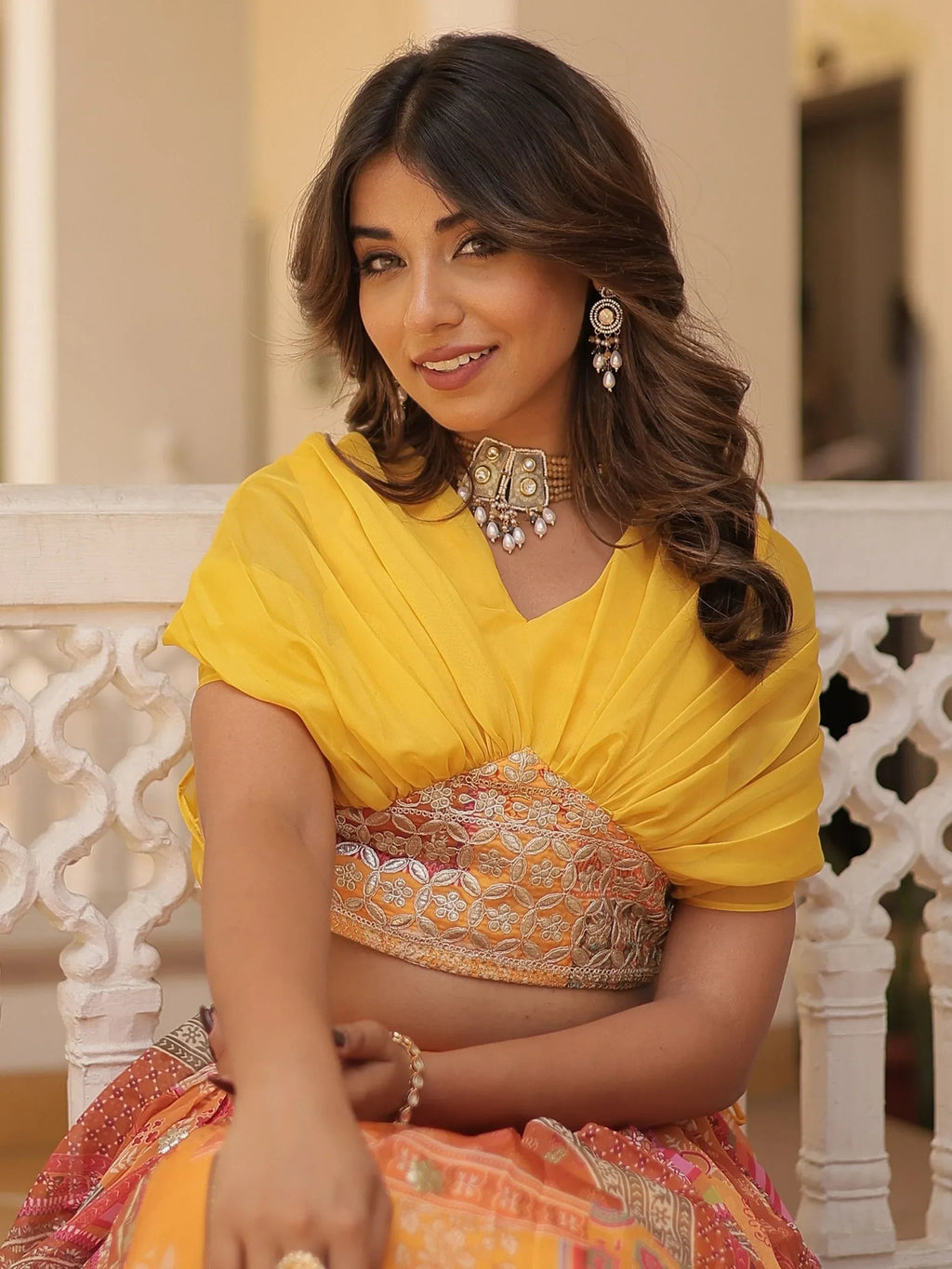 Yellow Majestic Dusty Digital Printed Silk Designer Crop Top Lehenga