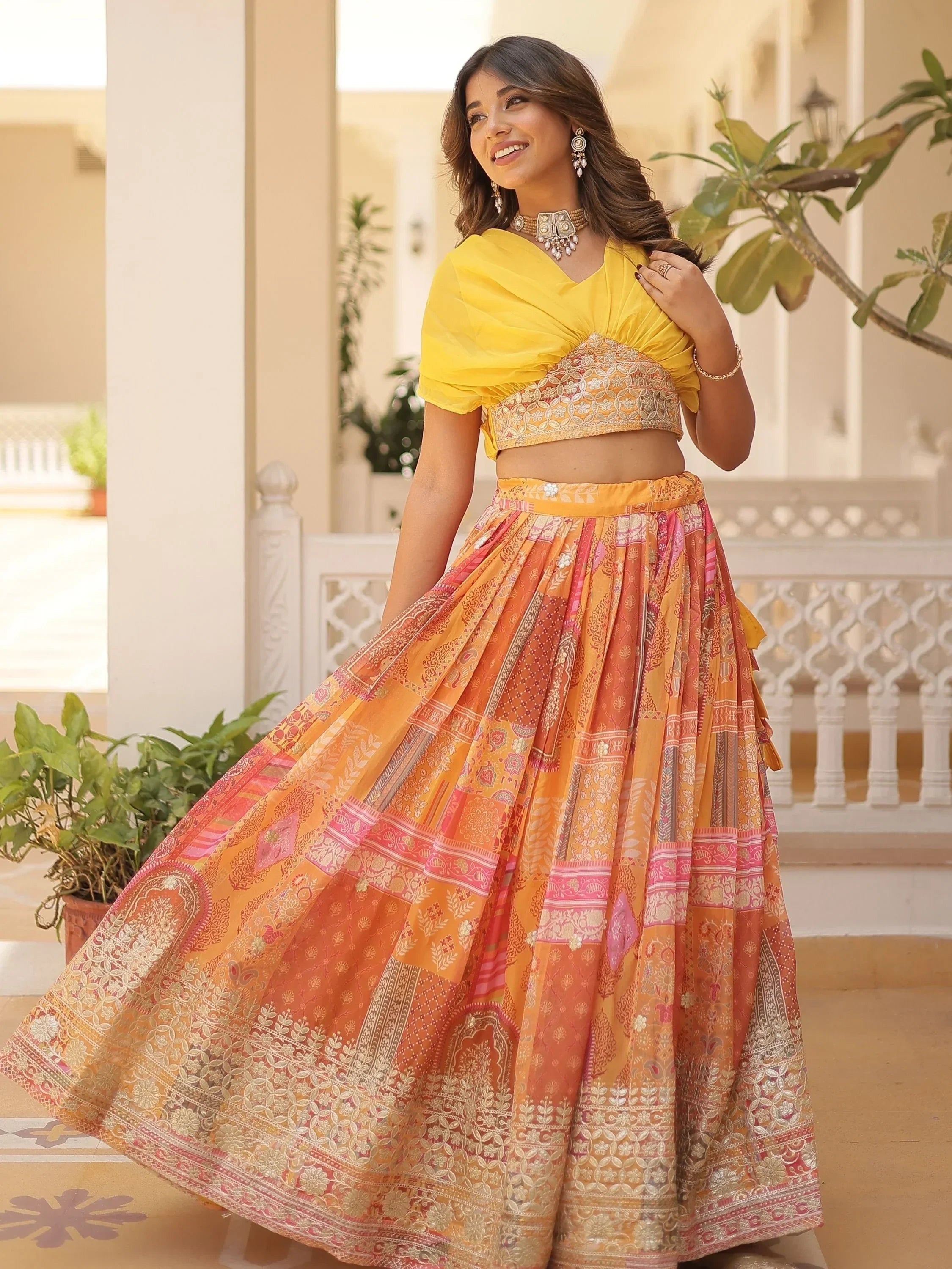 Yellow Majestic Dusty Digital Printed Silk Designer Crop Top Lehenga