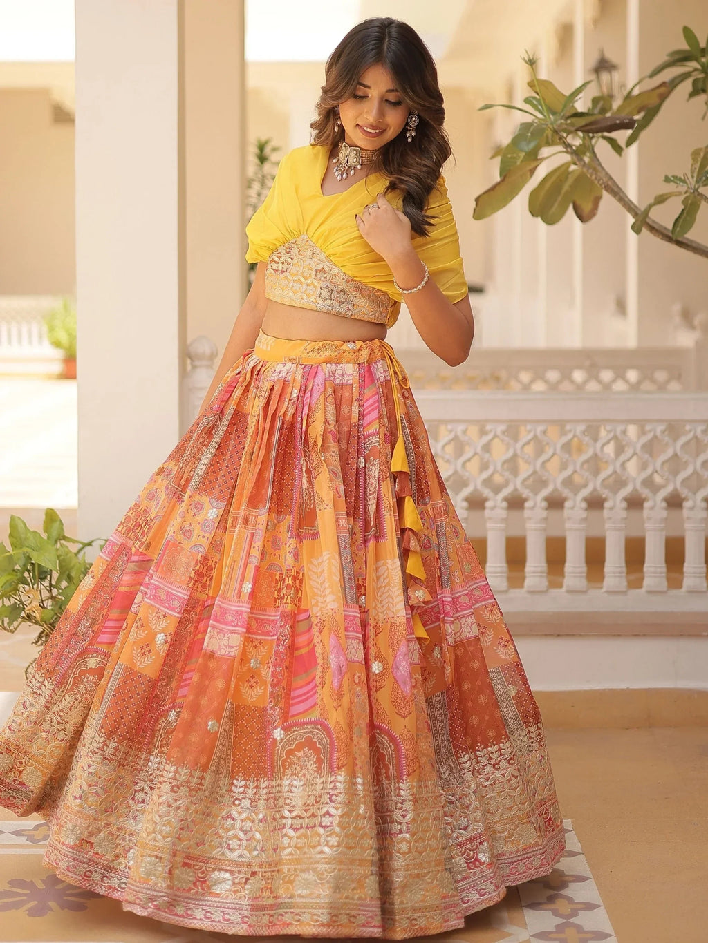 Yellow Majestic Dusty Digital Printed Silk Designer Crop Top Lehenga