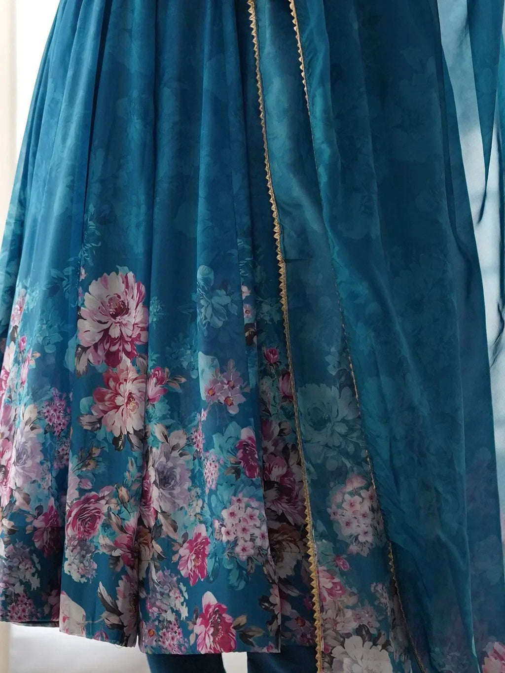 Blue Bewitching Floral Printed Organza Traditional Anarkali Suit Pant