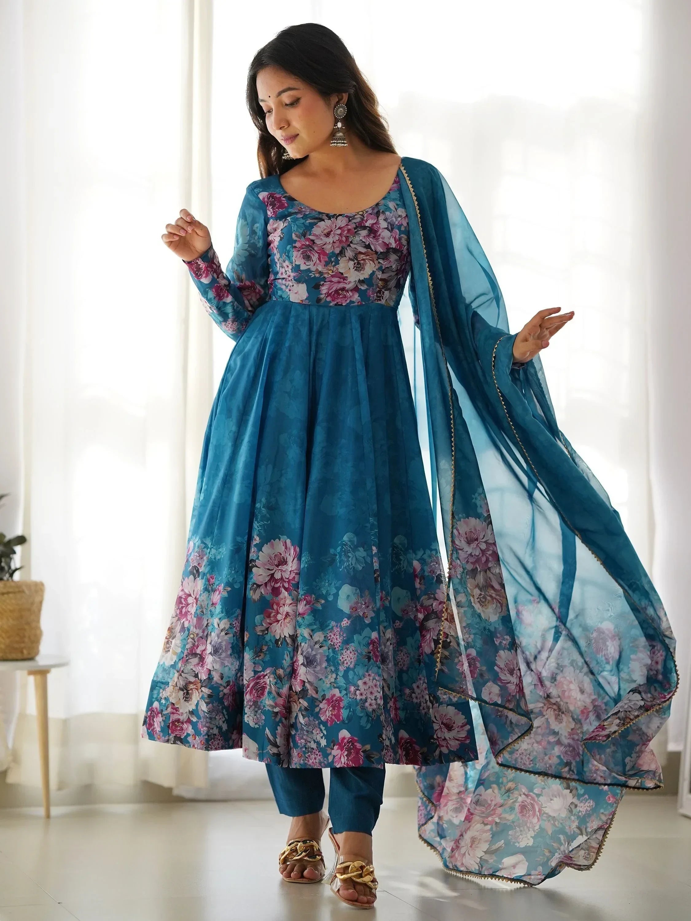 Blue Bewitching Floral Printed Organza Traditional Anarkali Suit Pant