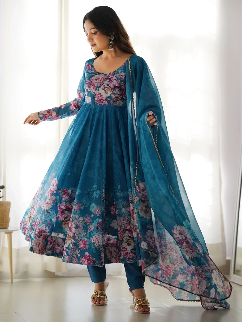 Blue Bewitching Floral Printed Organza Traditional Anarkali Suit Pant