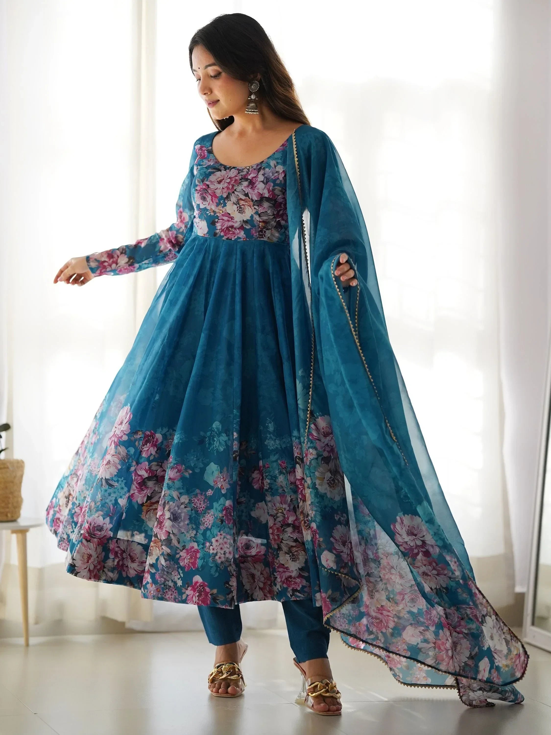 Blue Bewitching Floral Printed Organza Traditional Anarkali Suit Pant