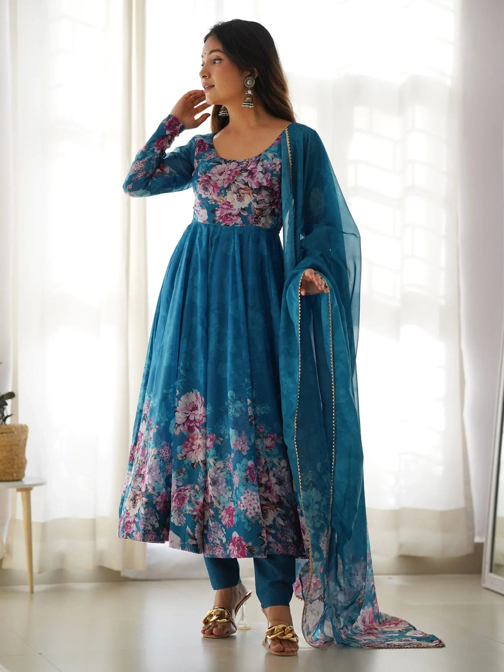 Blue Bewitching Floral Printed Organza Traditional Anarkali Suit Pant