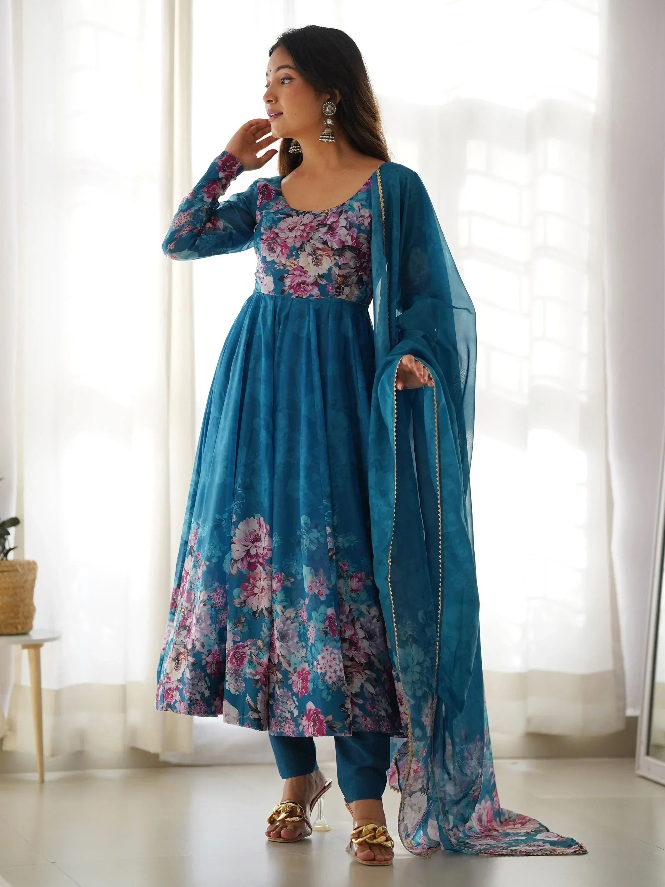 Blue Bewitching Floral Printed Organza Traditional Anarkali Suit Pant