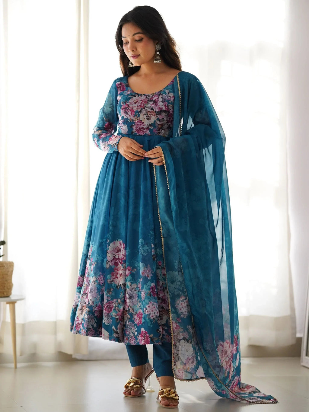 Blue Bewitching Floral Printed Organza Traditional Anarkali Suit Pant