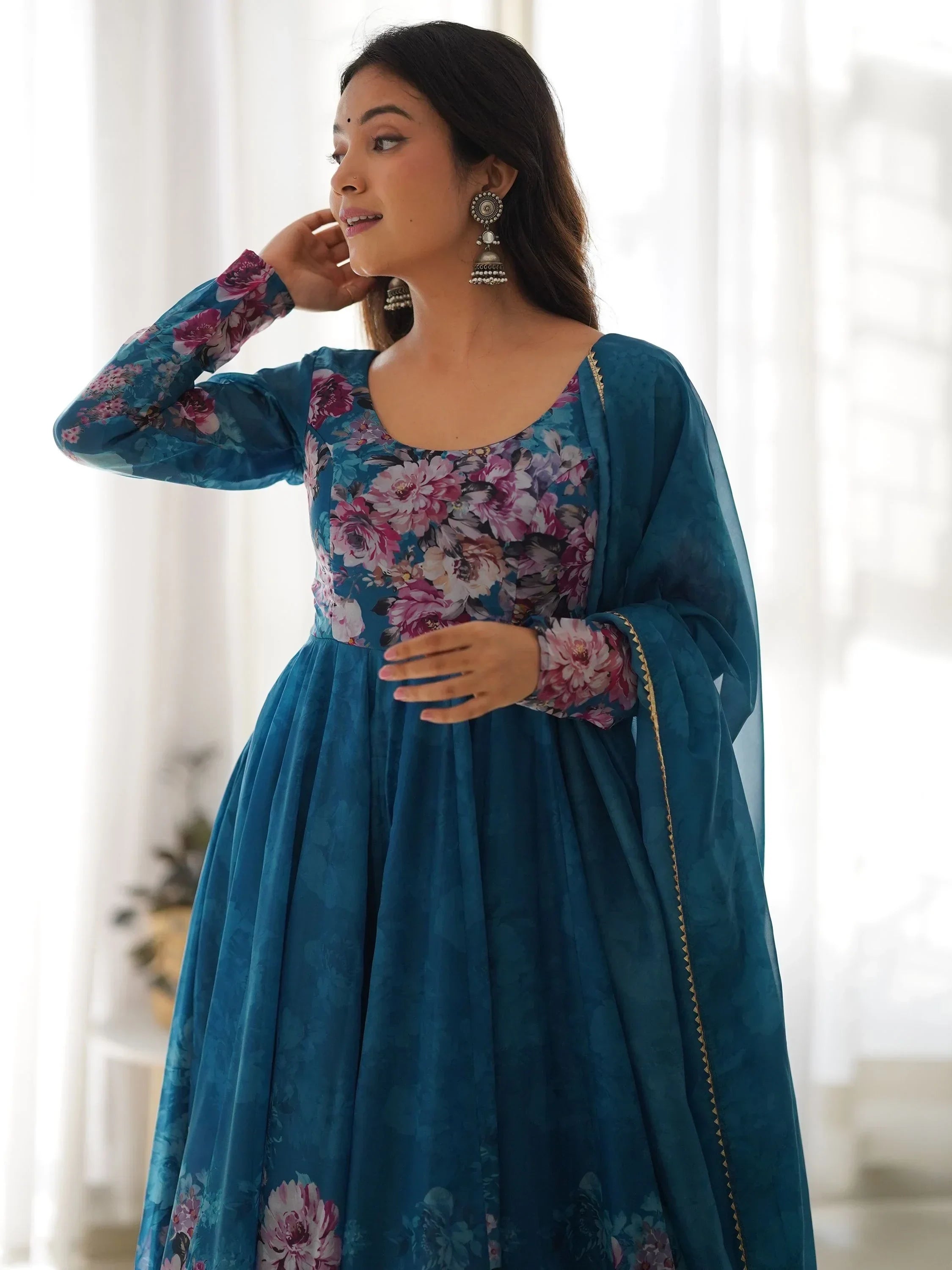 Blue Bewitching Floral Printed Organza Traditional Anarkali Suit Pant