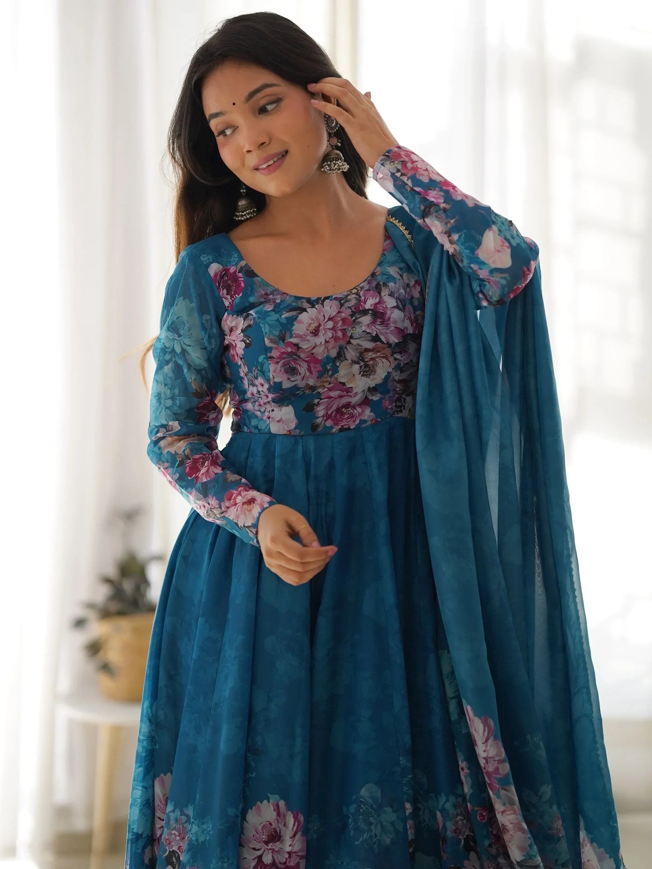 Blue Bewitching Floral Printed Organza Traditional Anarkali Suit Pant