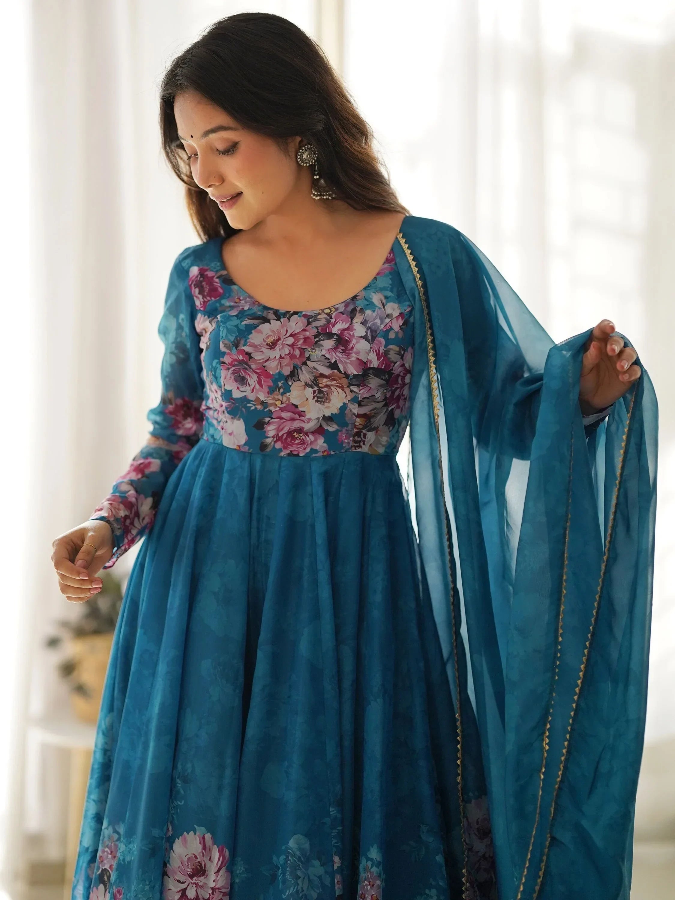 Blue Bewitching Floral Printed Organza Traditional Anarkali Suit Pant