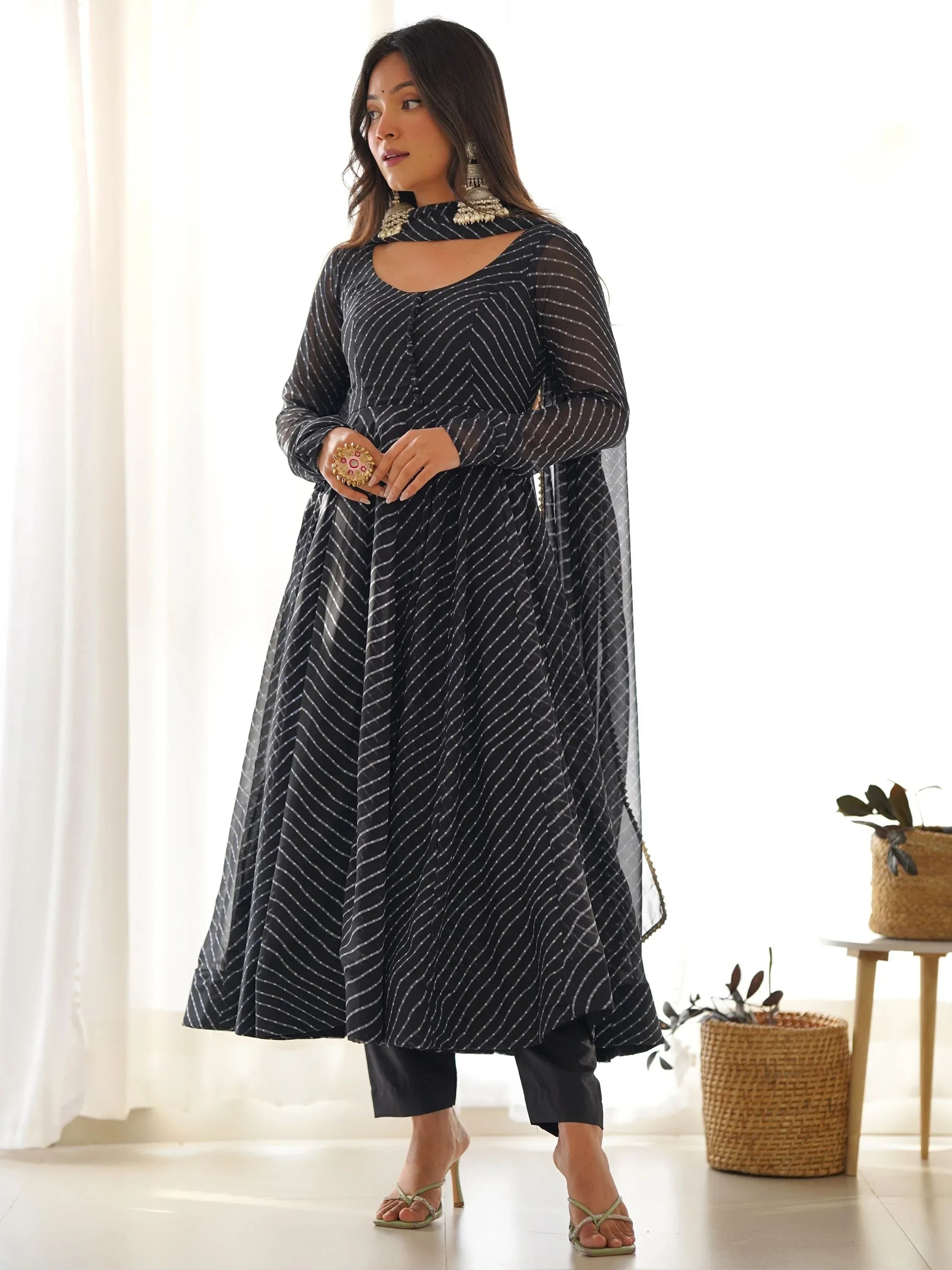 Black Captivating Laheriya Printed Georgette Anarkali Pant Suit