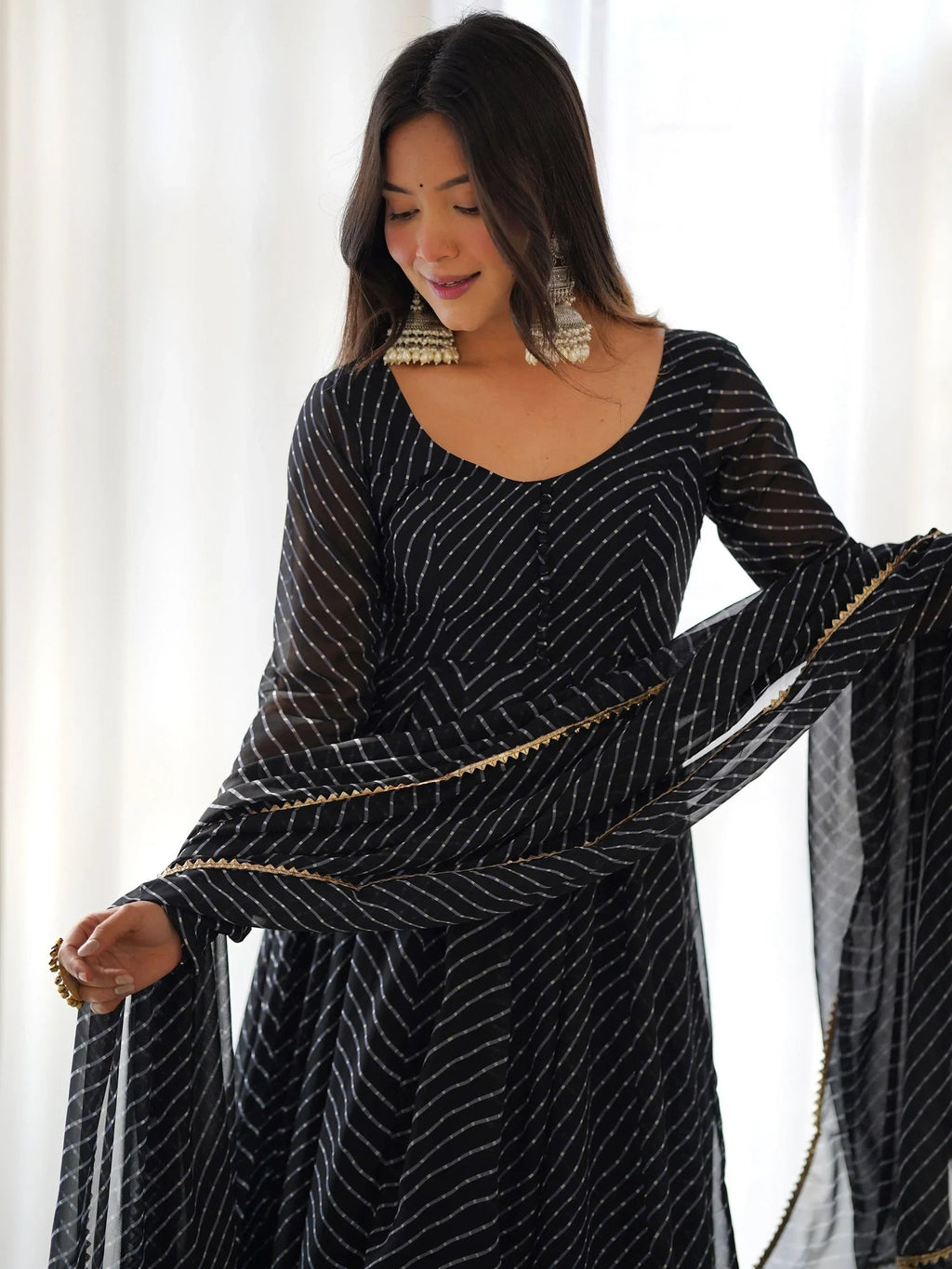 Black Captivating Laheriya Printed Georgette Anarkali Pant Suit