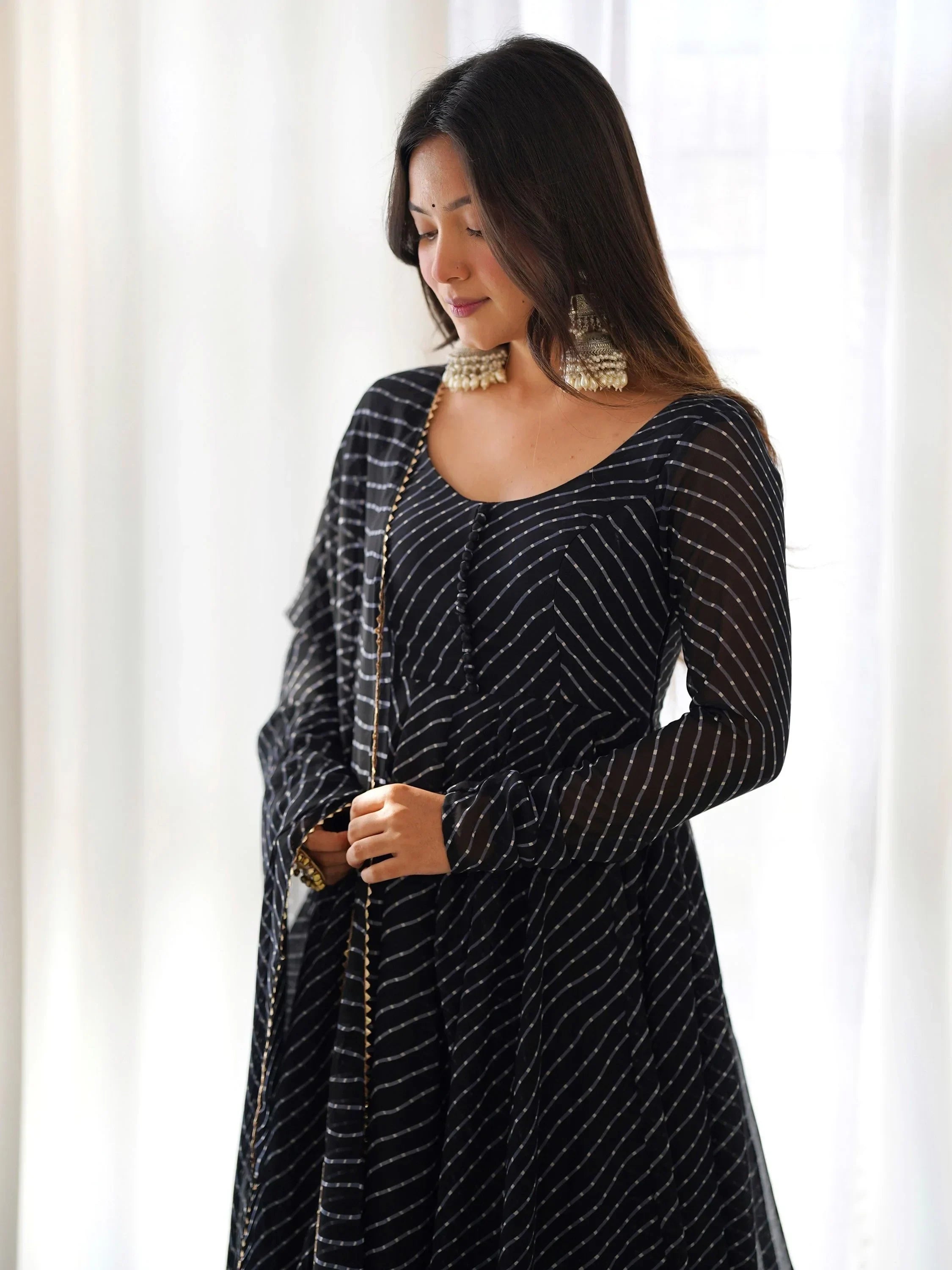 Black Captivating Laheriya Printed Georgette Anarkali Pant Suit