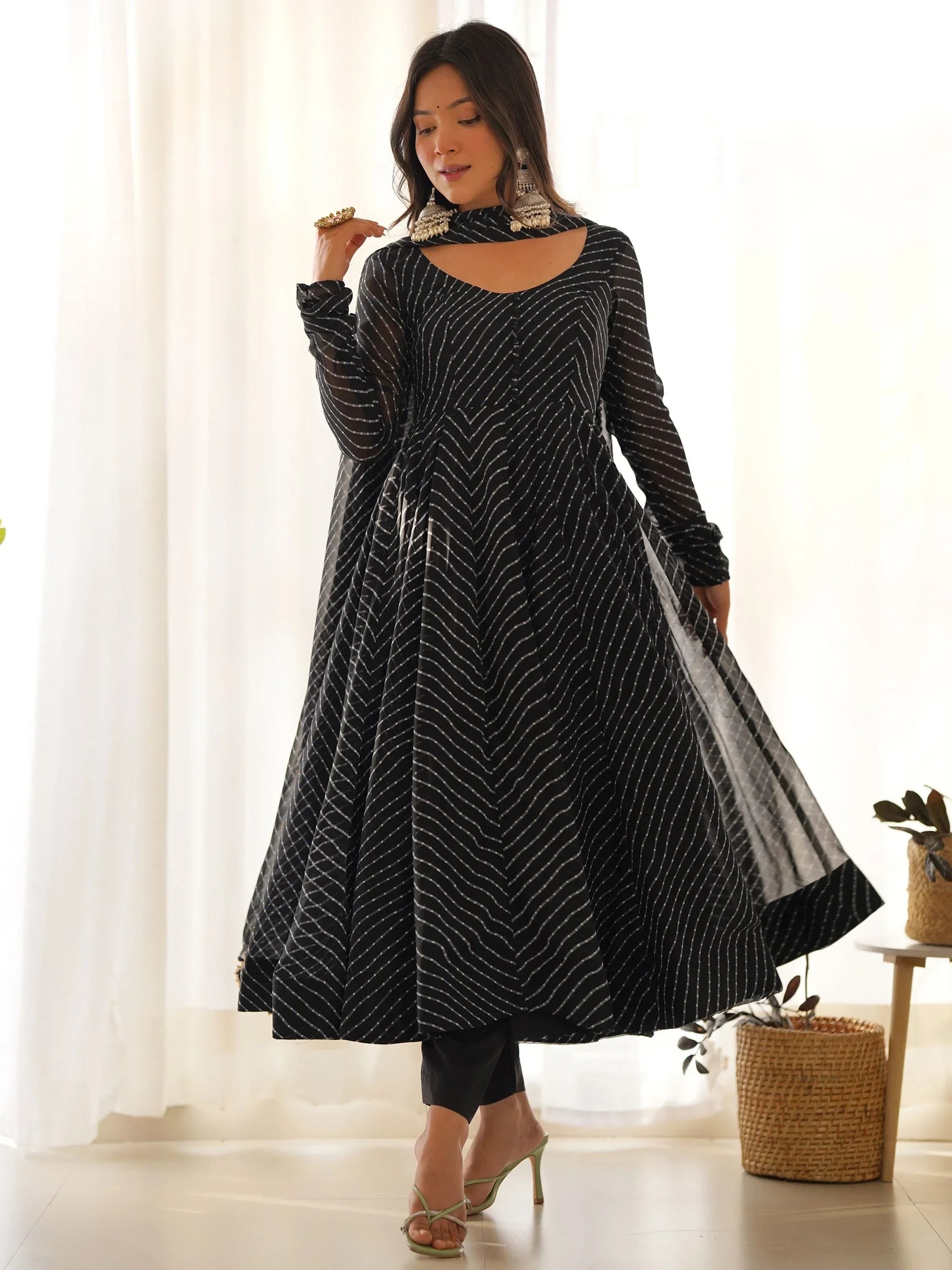 Black Captivating Laheriya Printed Georgette Anarkali Pant Suit