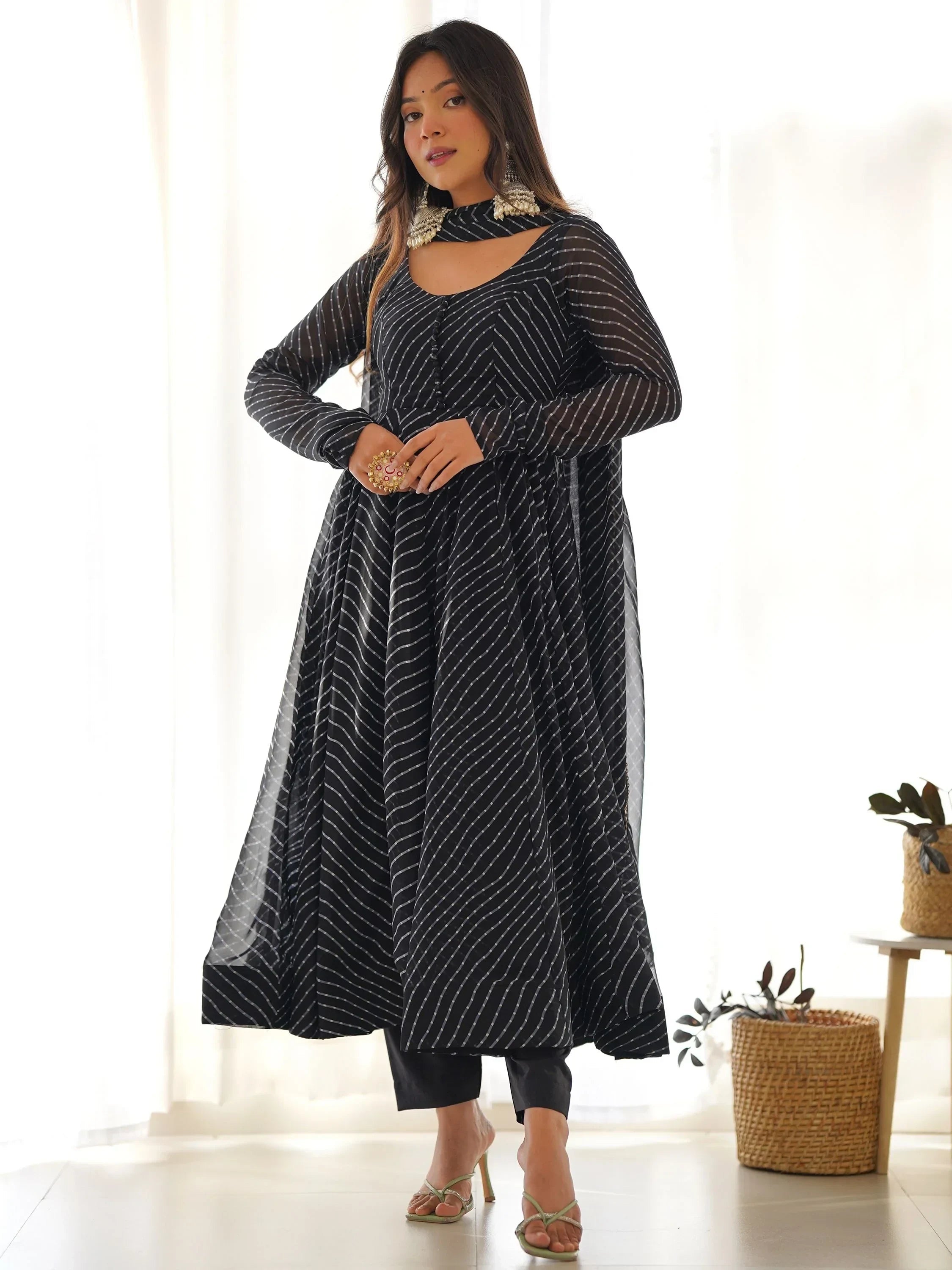 Black Captivating Laheriya Printed Georgette Anarkali Pant Suit