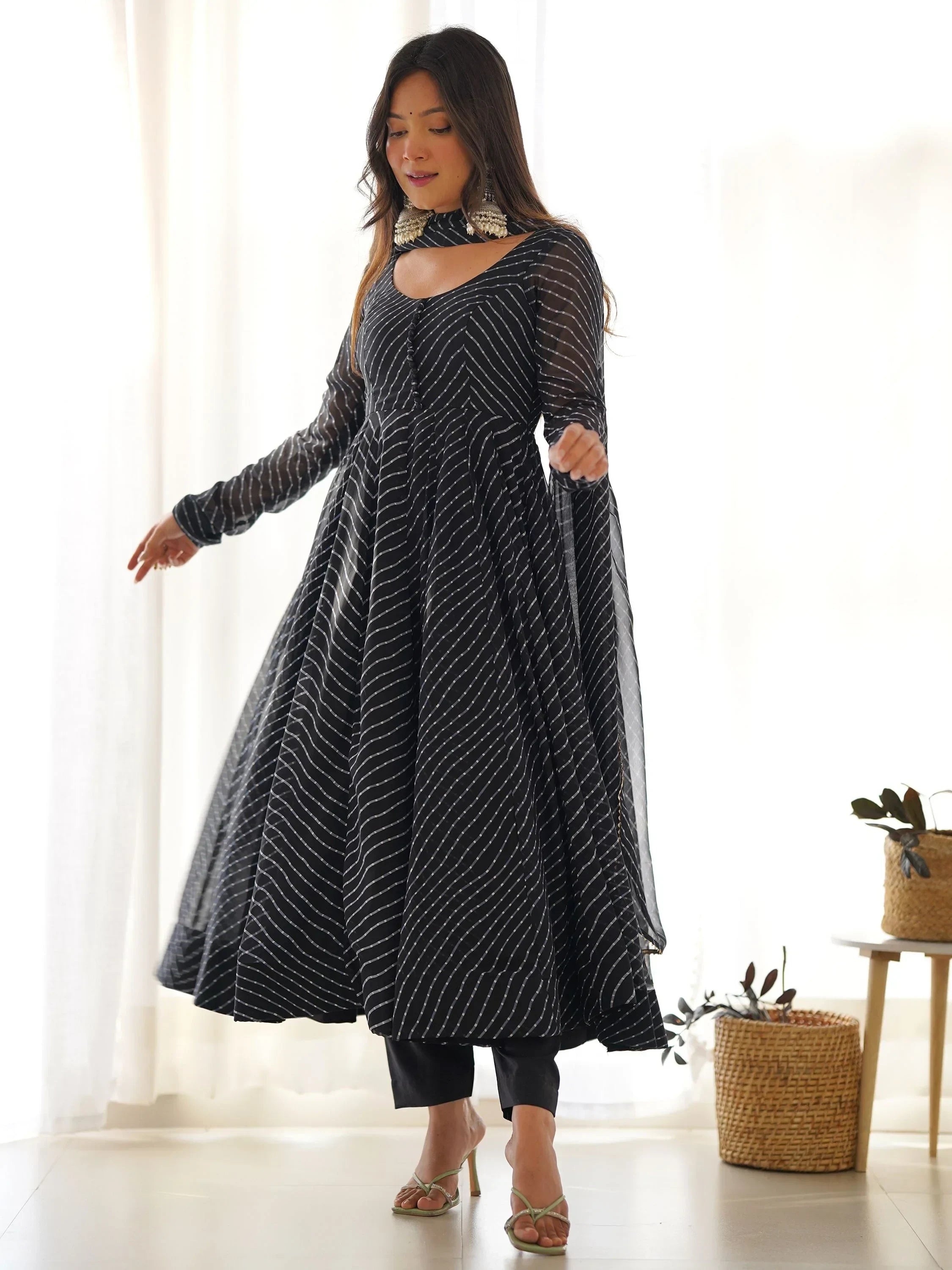 Black Captivating Laheriya Printed Georgette Anarkali Pant Suit