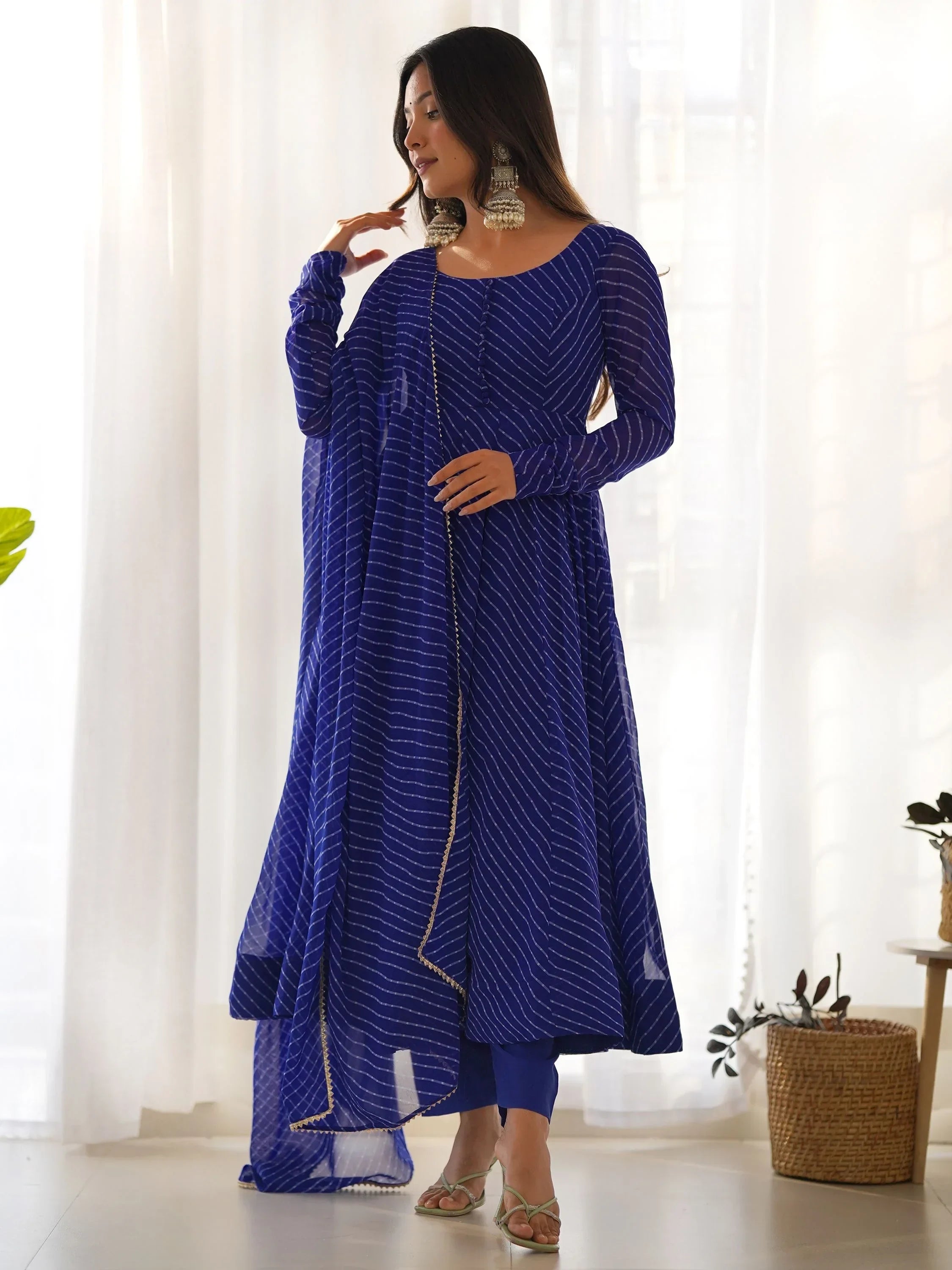 Blue Captivating Laheriya Printed Georgette Anarkali Pant Suit