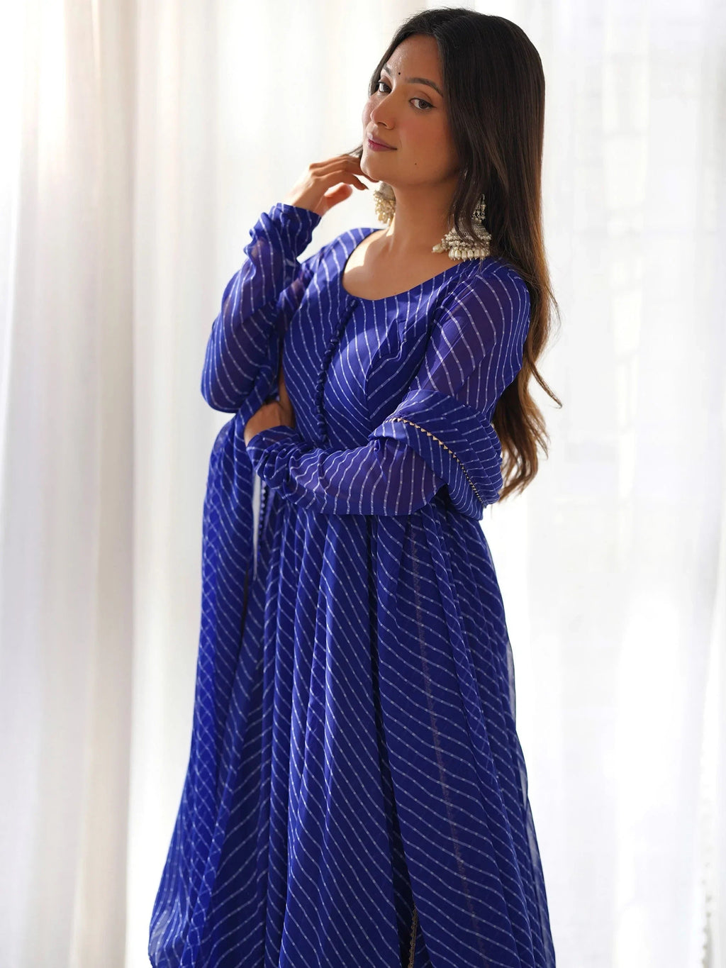 Blue Captivating Laheriya Printed Georgette Anarkali Pant Suit