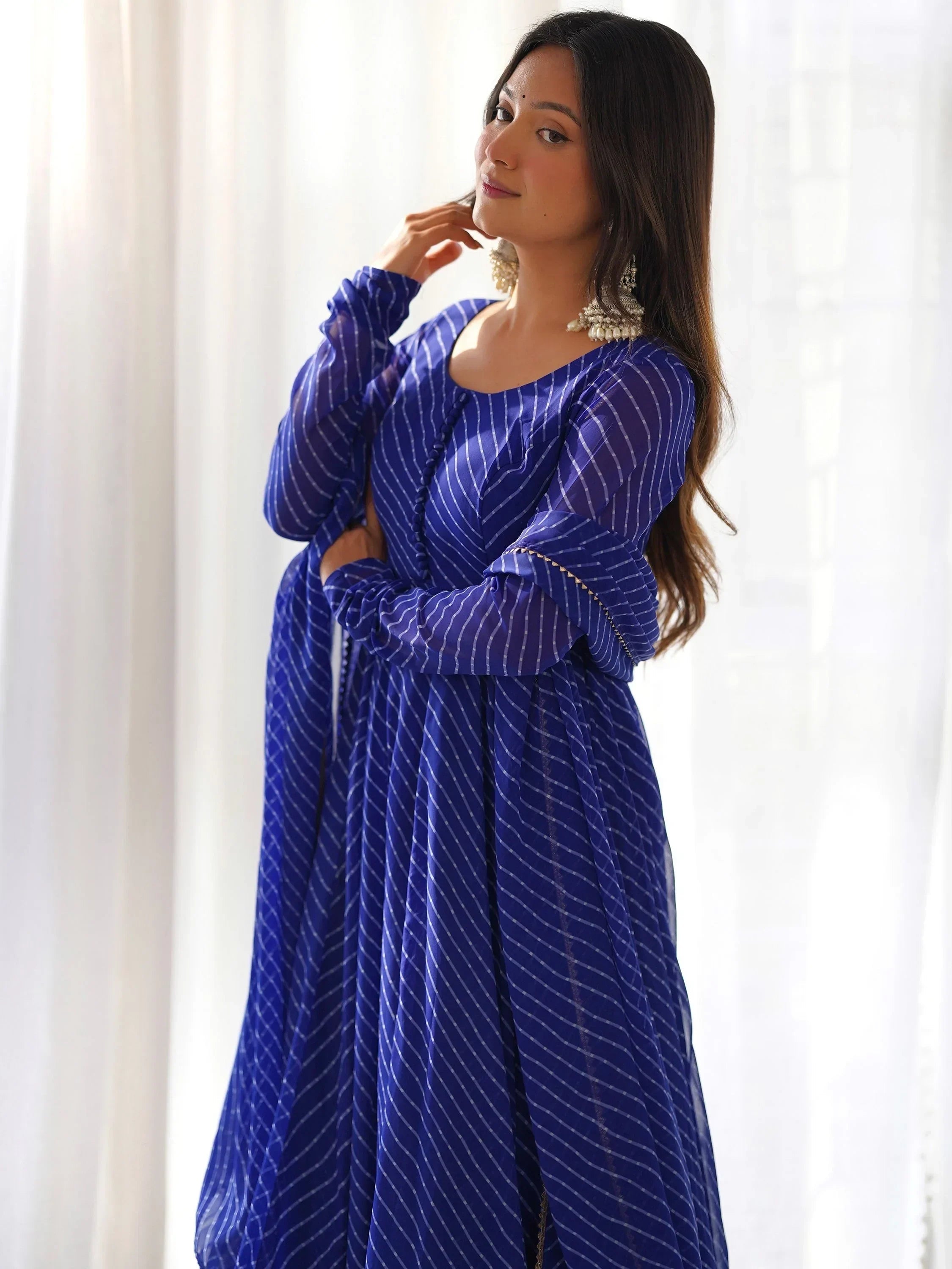 Blue Captivating Laheriya Printed Georgette Anarkali Pant Suit