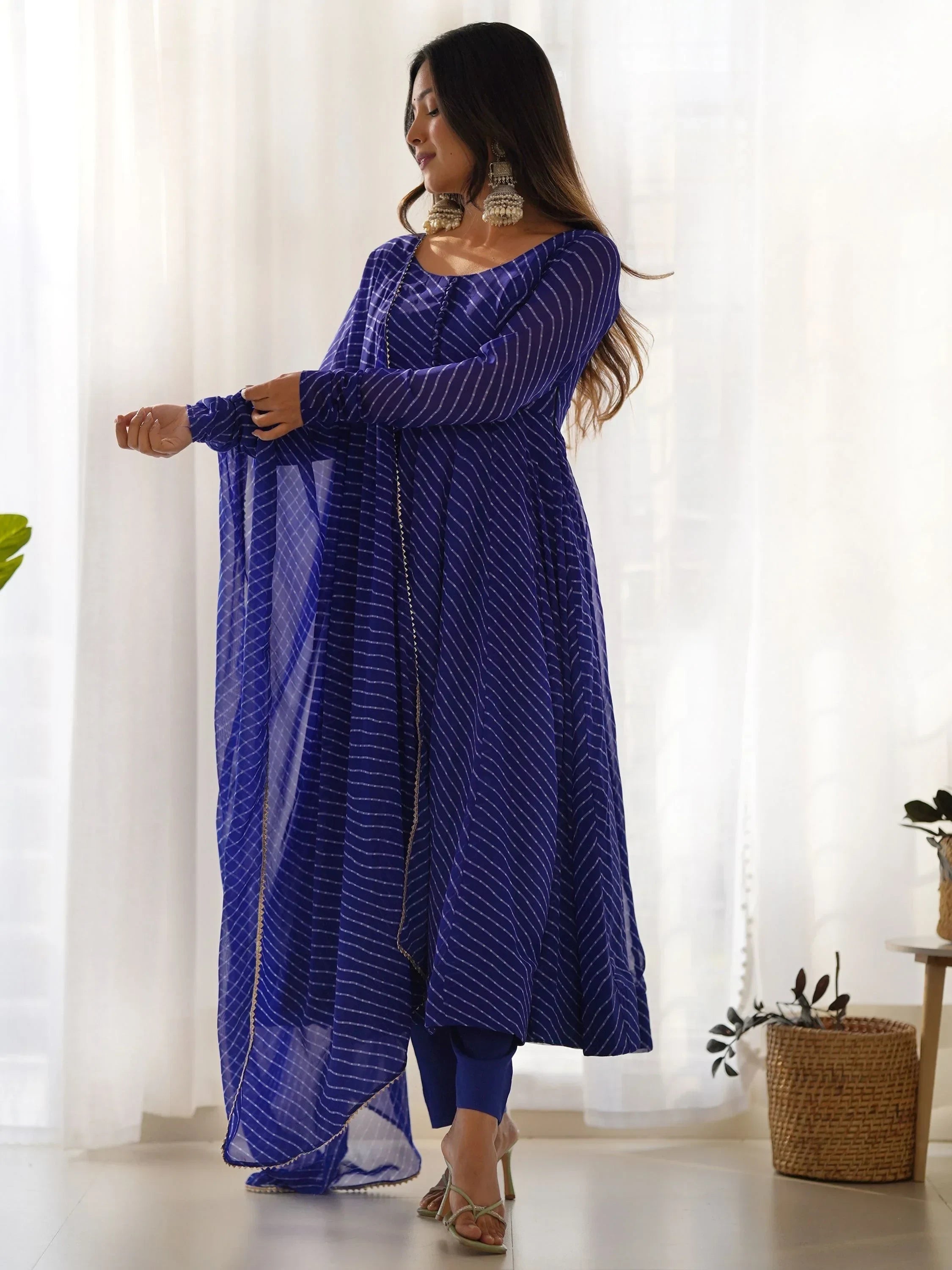 Blue Captivating Laheriya Printed Georgette Anarkali Pant Suit