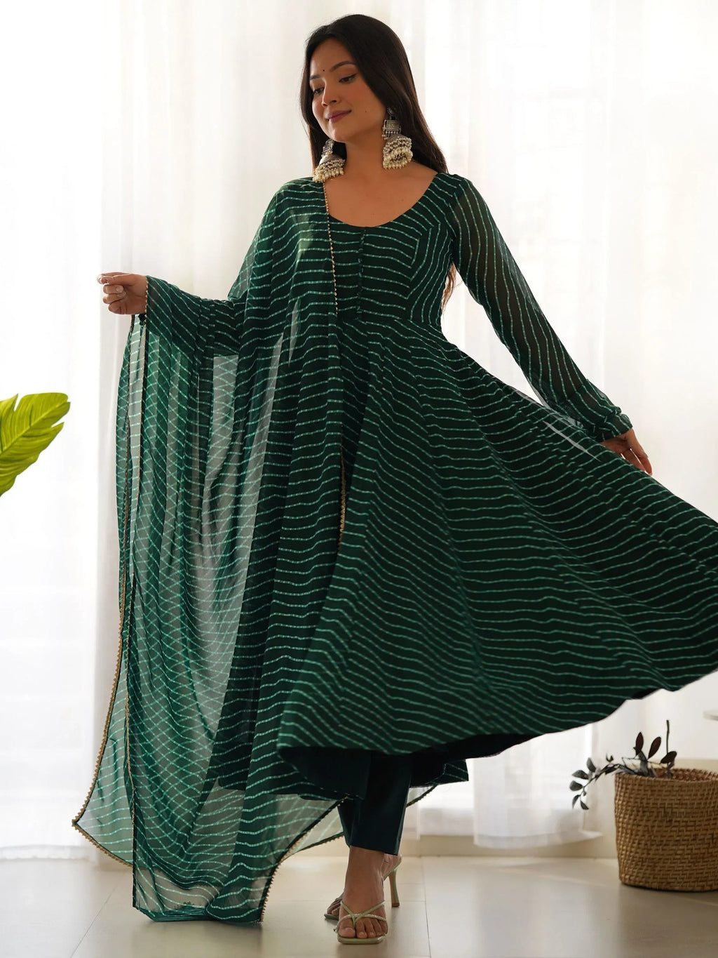 Green Captivating Laheriya Printed Georgette Anarkali Pant Suit
