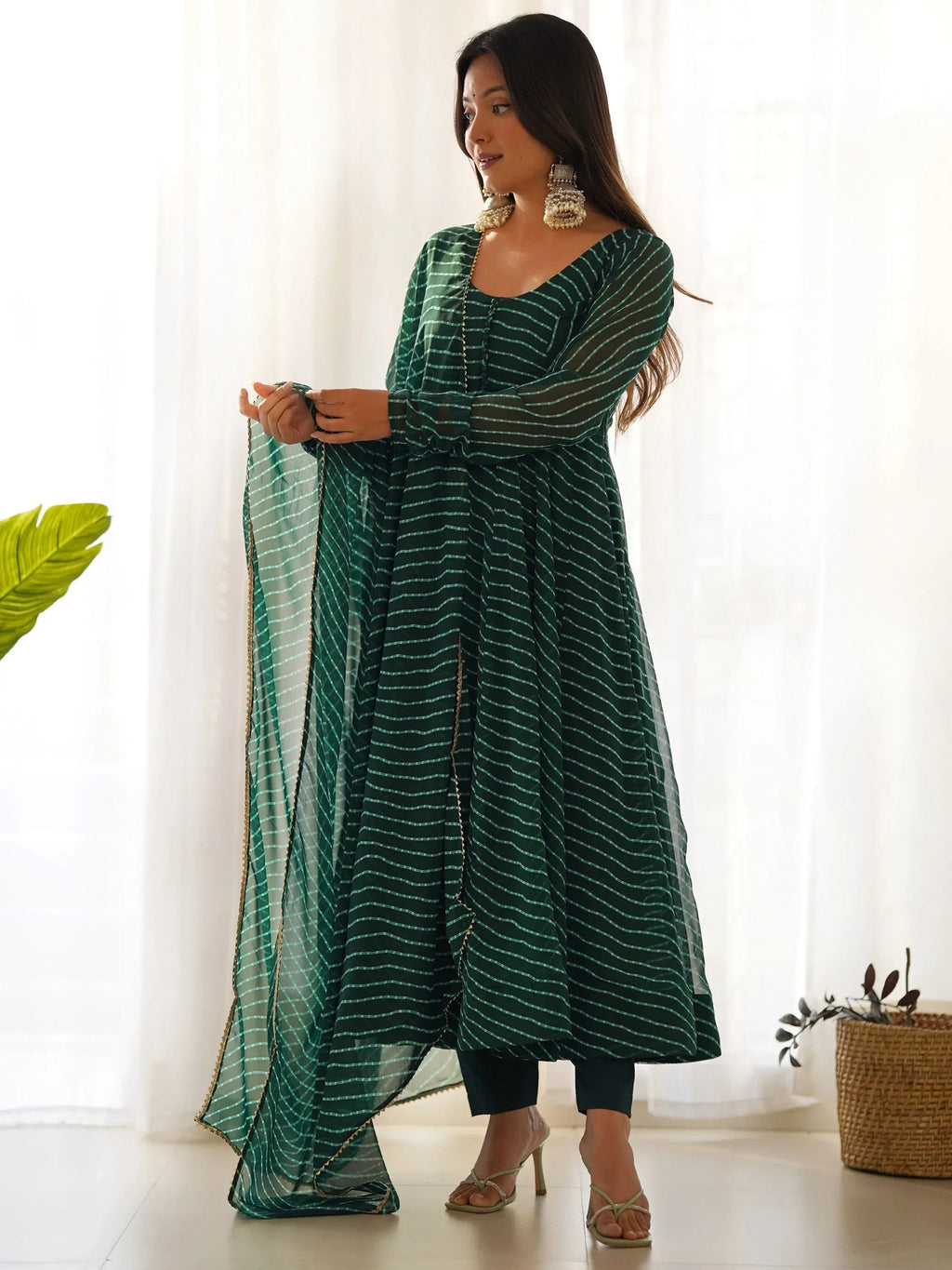 Green Captivating Laheriya Printed Georgette Anarkali Pant Suit