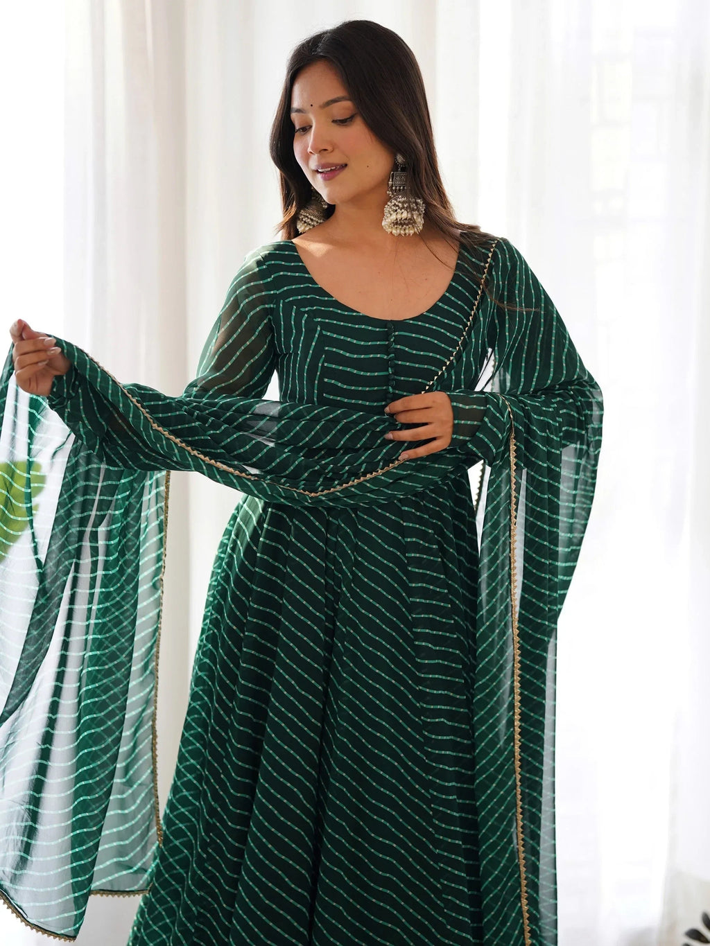 Green Captivating Laheriya Printed Georgette Anarkali Pant Suit