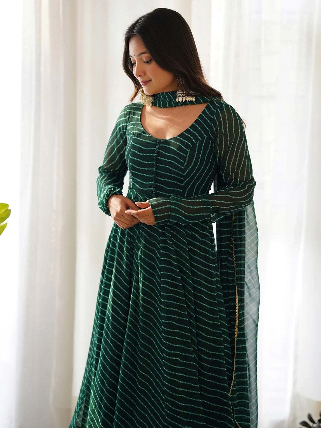 Green Captivating Laheriya Printed Georgette Anarkali Pant Suit