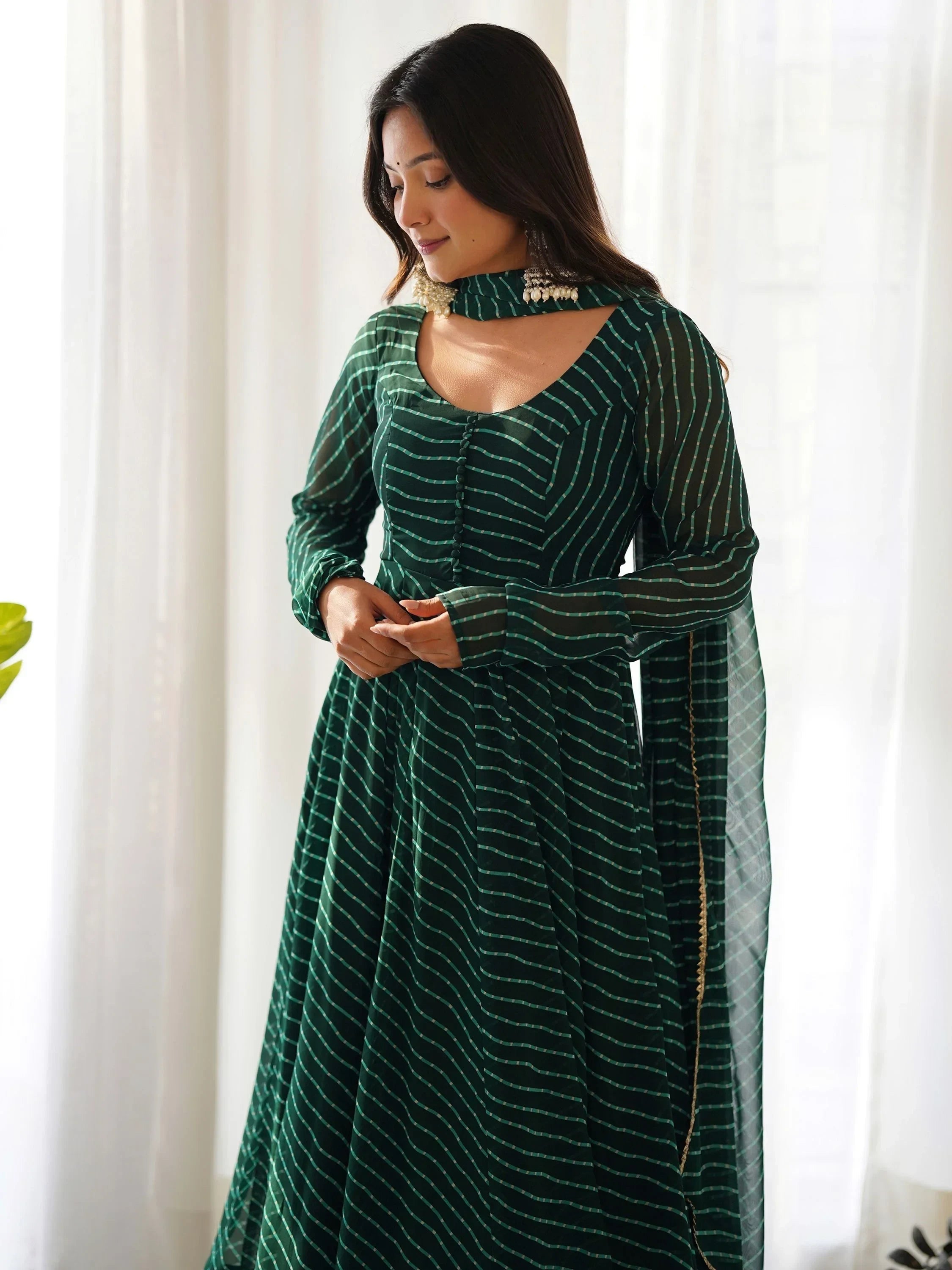 Green Captivating Laheriya Printed Georgette Anarkali Pant Suit