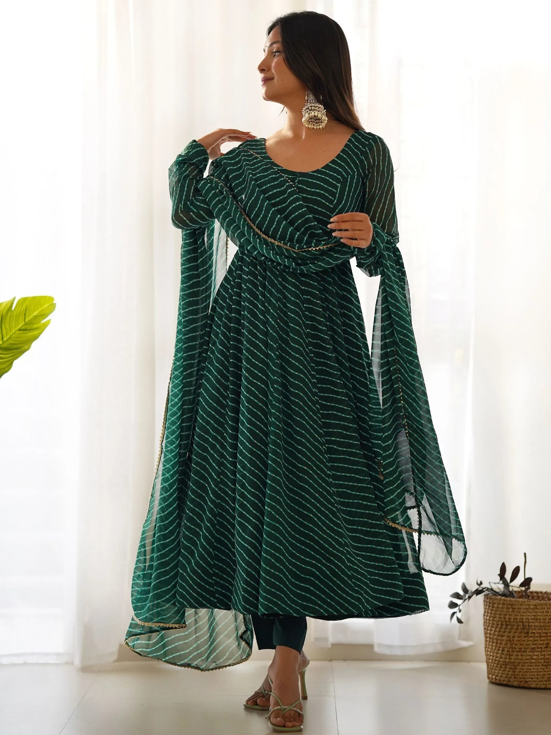 Green Captivating Laheriya Printed Georgette Anarkali Pant Suit