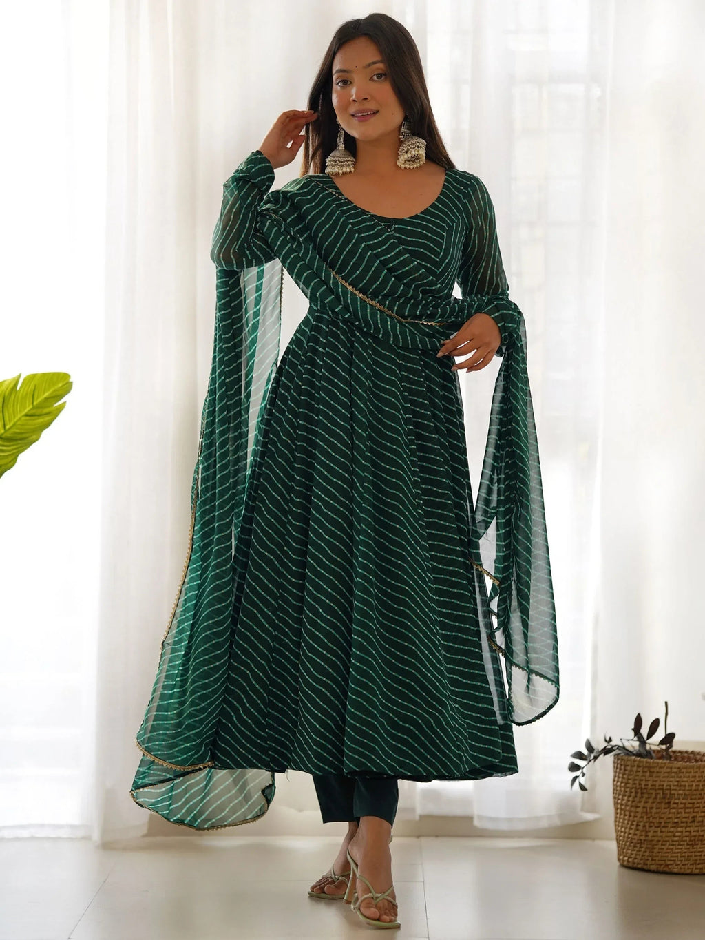 Green Captivating Laheriya Printed Georgette Anarkali Pant Suit