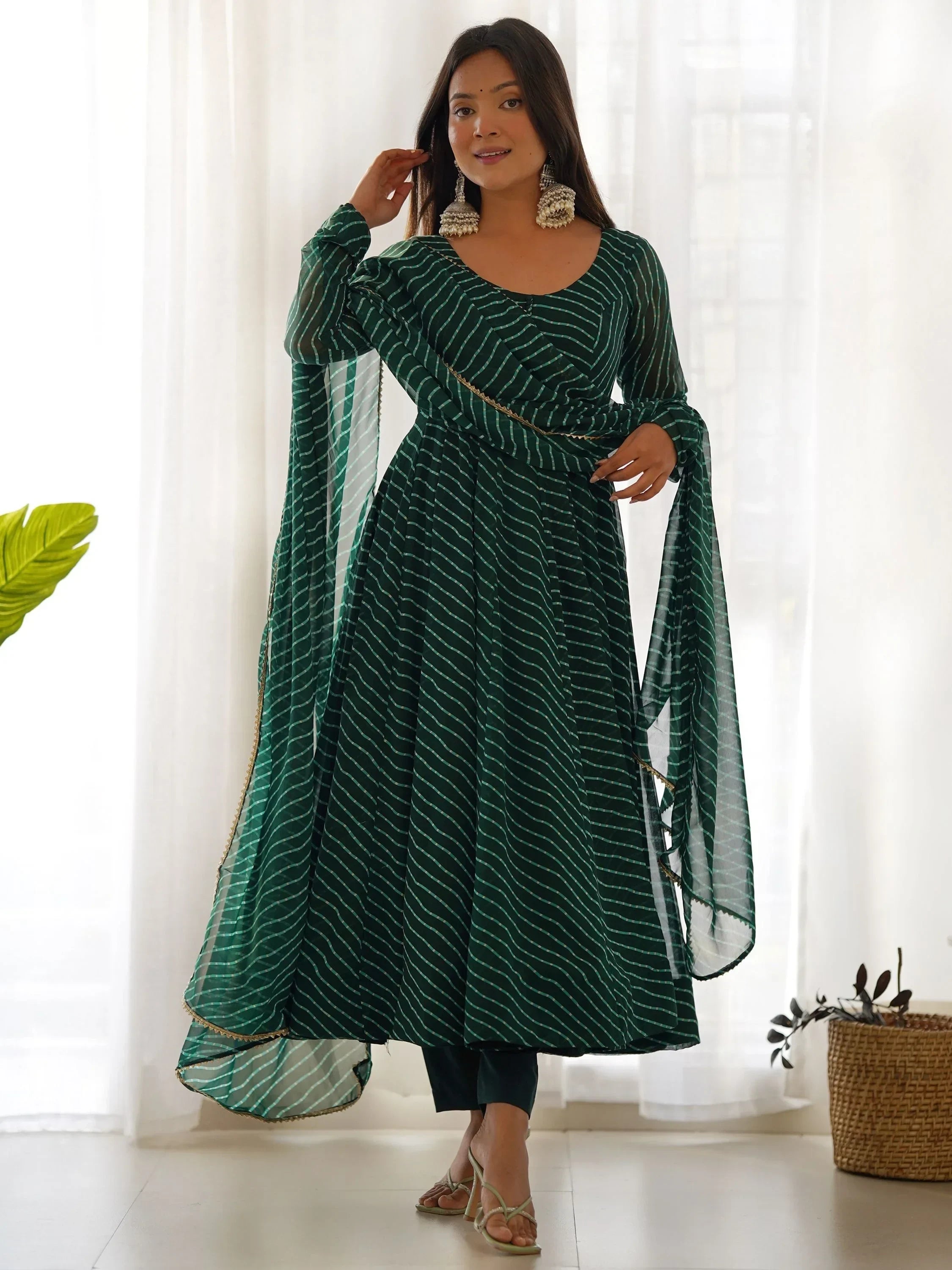 Green Captivating Laheriya Printed Georgette Anarkali Pant Suit