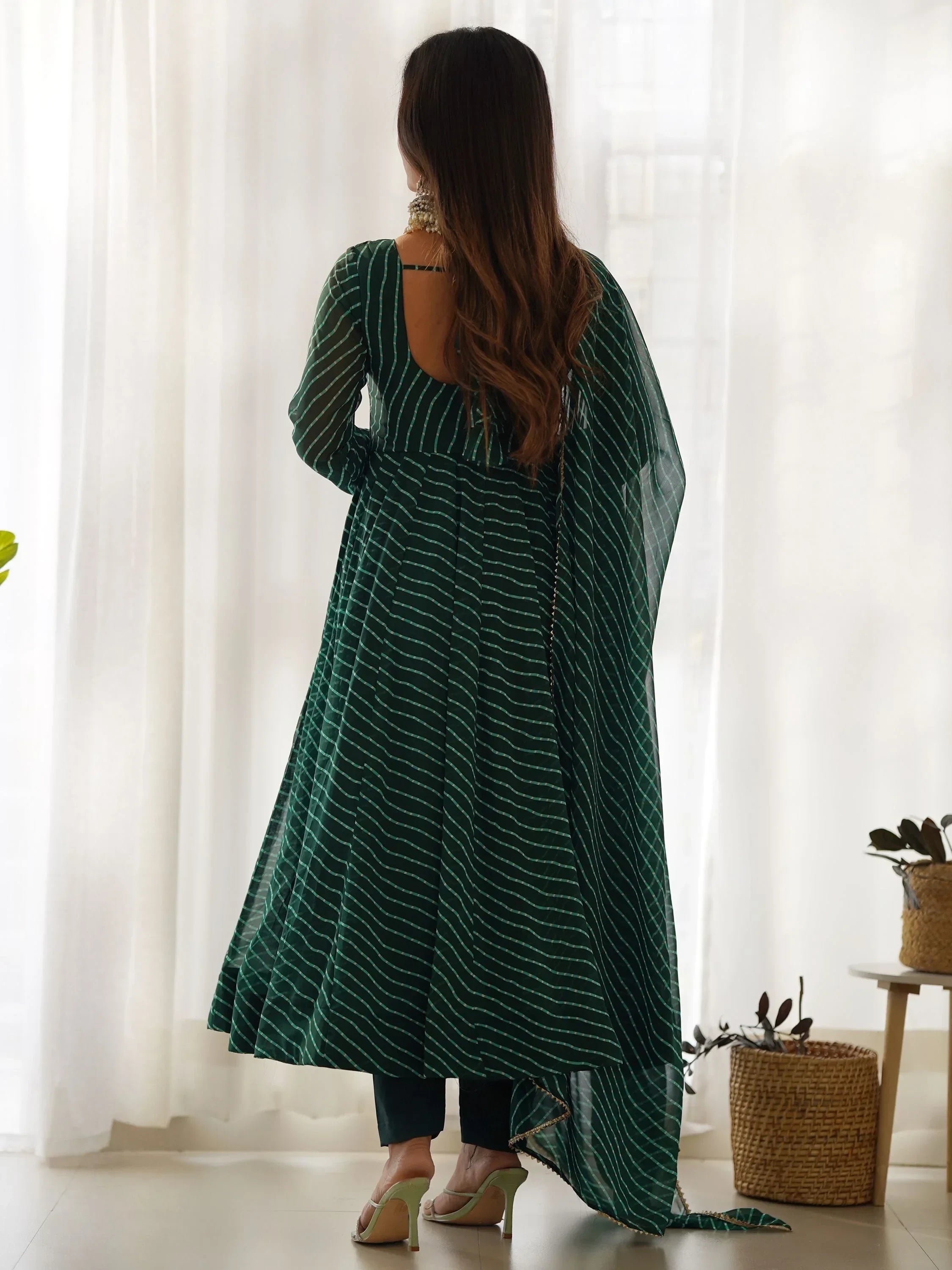 Green Captivating Laheriya Printed Georgette Anarkali Pant Suit