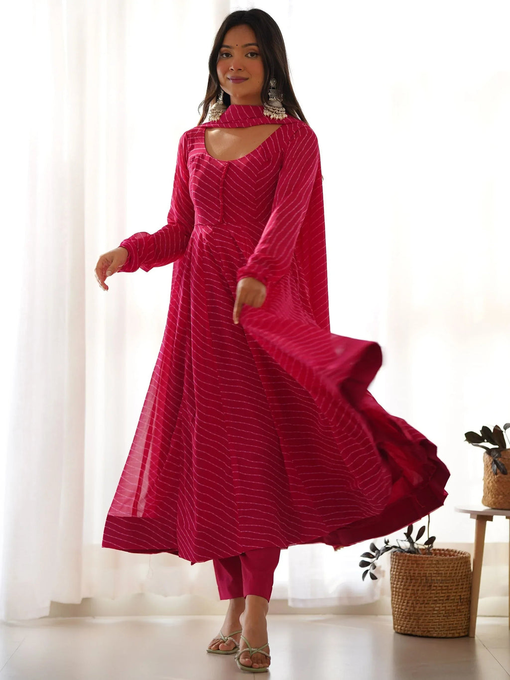 Pink Captivating Laheriya Printed Georgette Anarkali Pant Suit