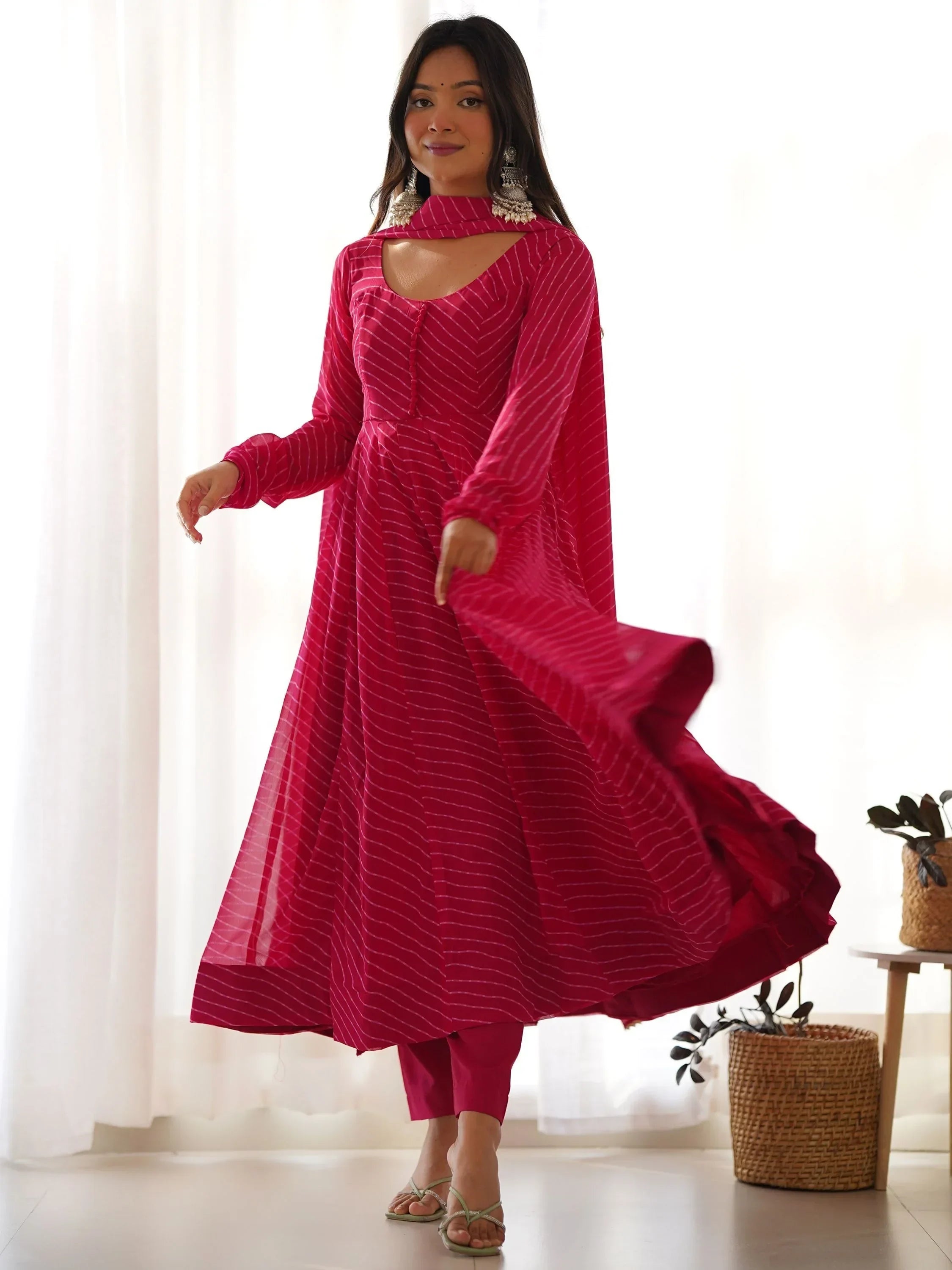 Pink Captivating Laheriya Printed Georgette Anarkali Pant Suit