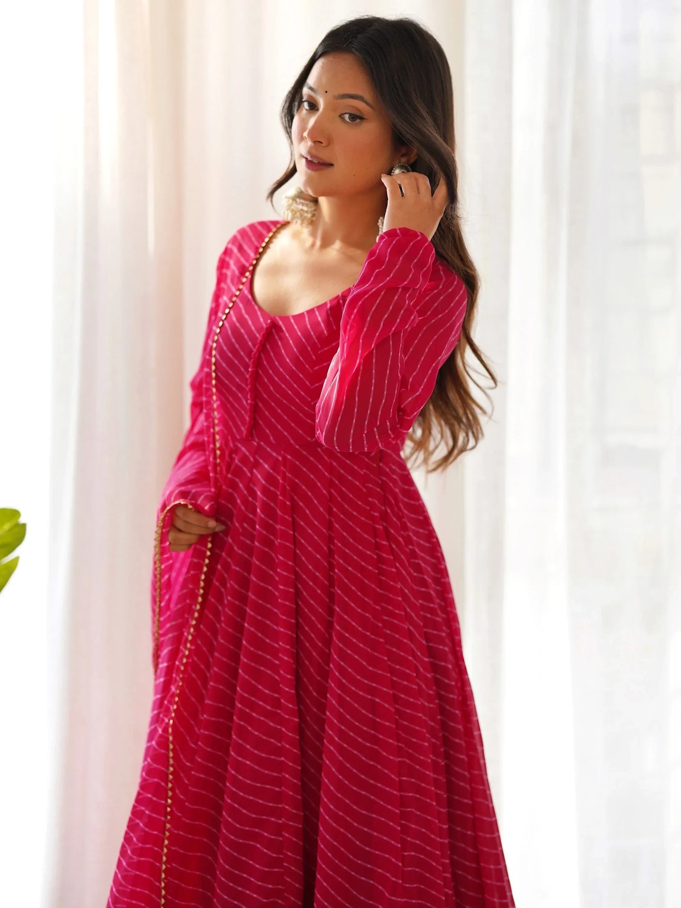 Pink Captivating Laheriya Printed Georgette Anarkali Pant Suit