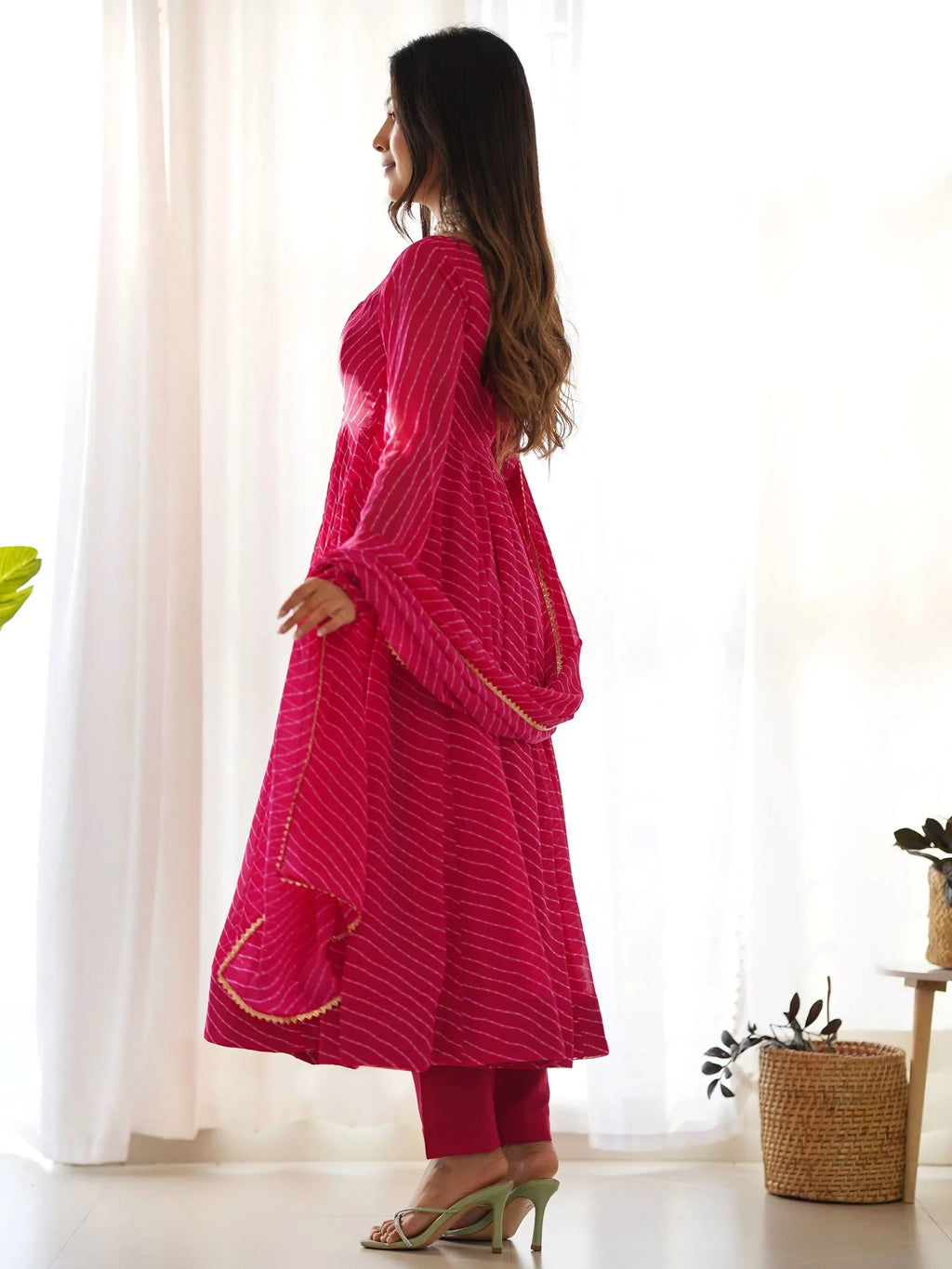 Pink Captivating Laheriya Printed Georgette Anarkali Pant Suit
