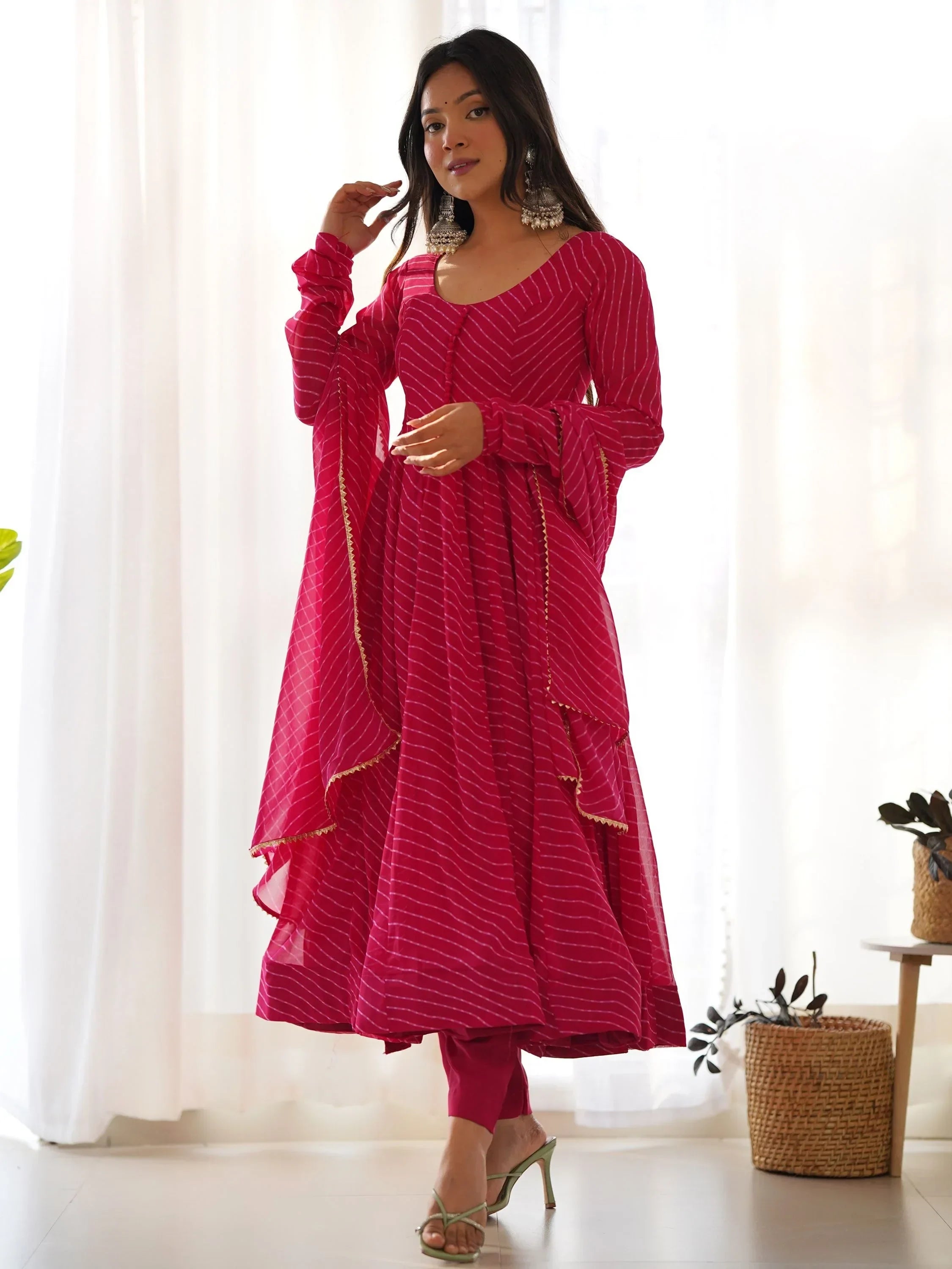 Pink Captivating Laheriya Printed Georgette Anarkali Pant Suit
