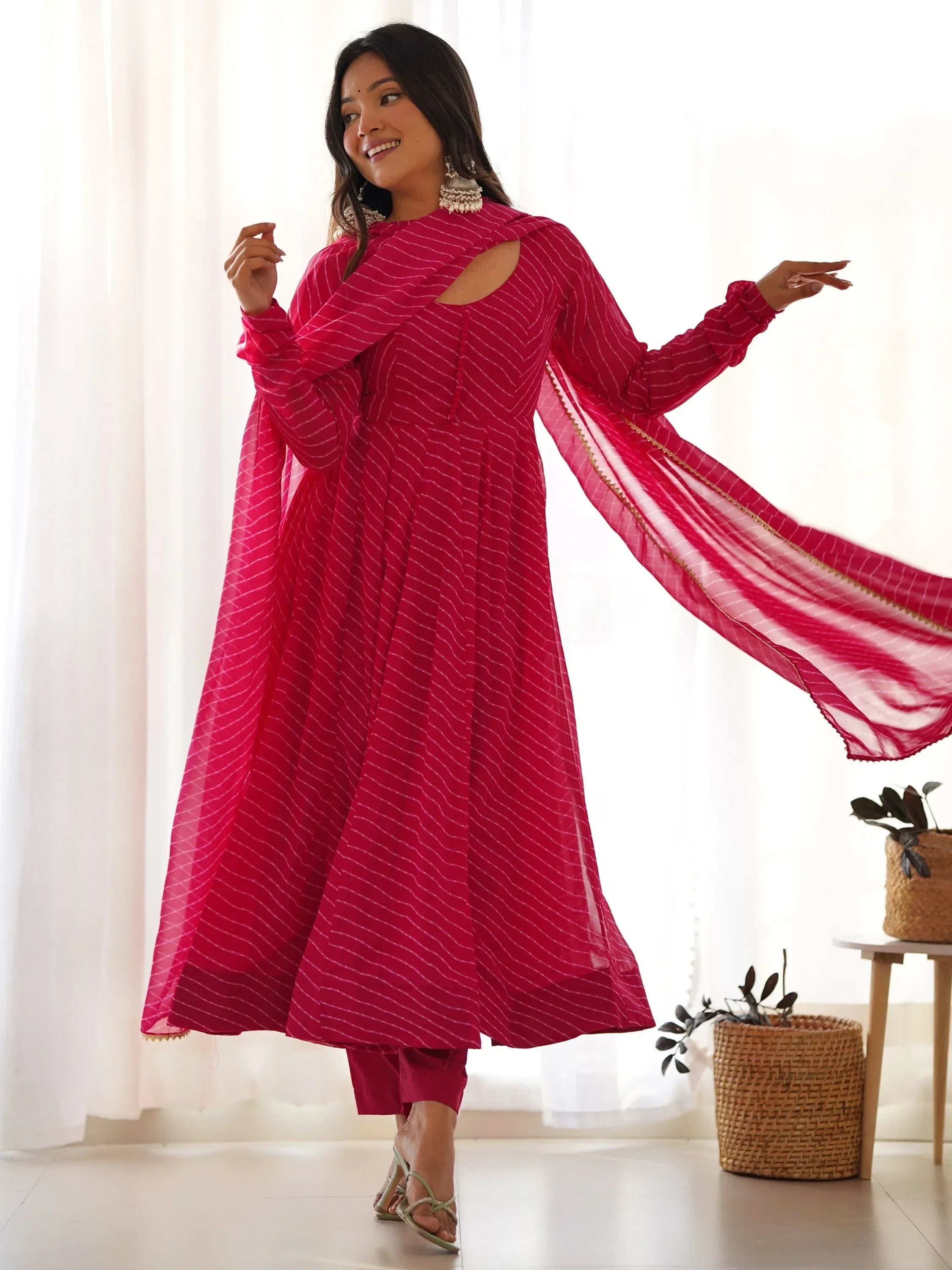 Pink Captivating Laheriya Printed Georgette Anarkali Pant Suit