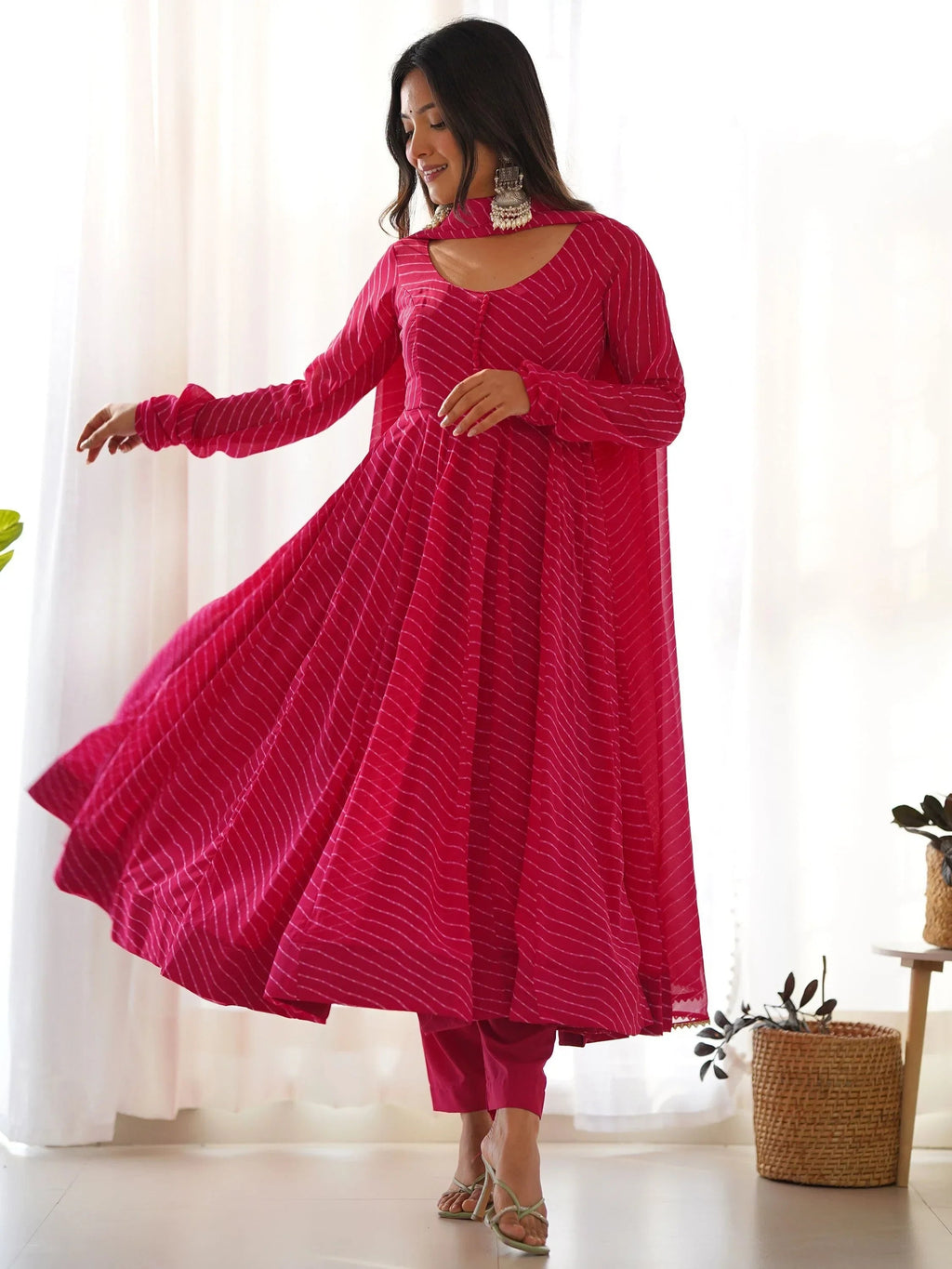Pink Captivating Laheriya Printed Georgette Anarkali Pant Suit