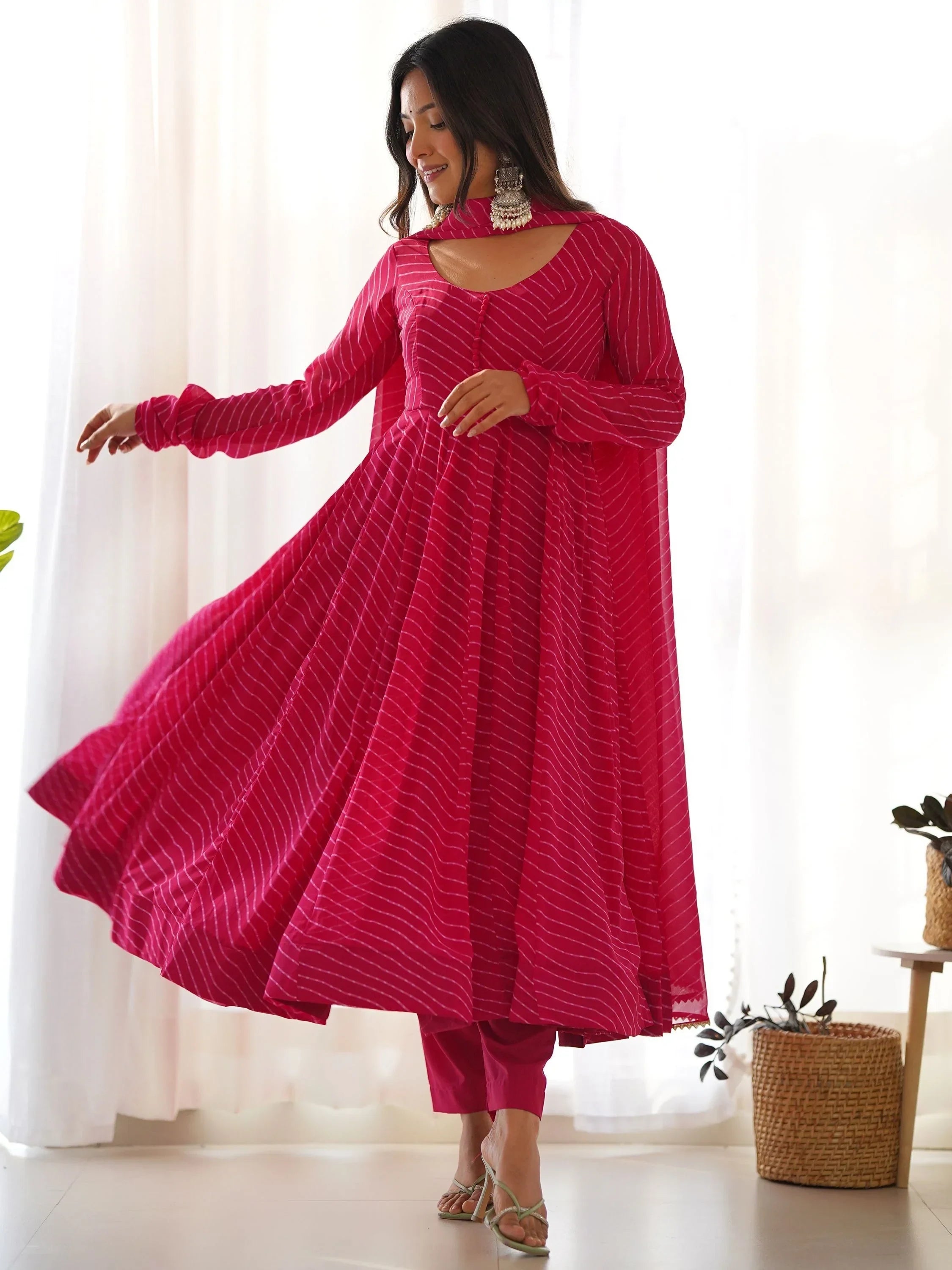 Pink Captivating Laheriya Printed Georgette Anarkali Pant Suit