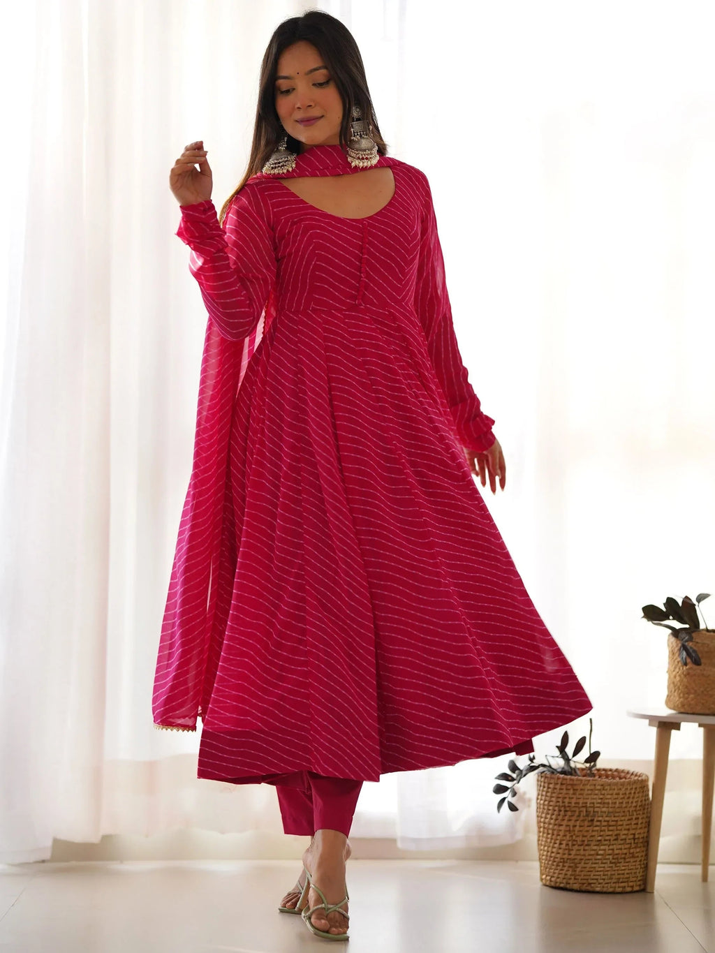 Pink Captivating Laheriya Printed Georgette Anarkali Pant Suit