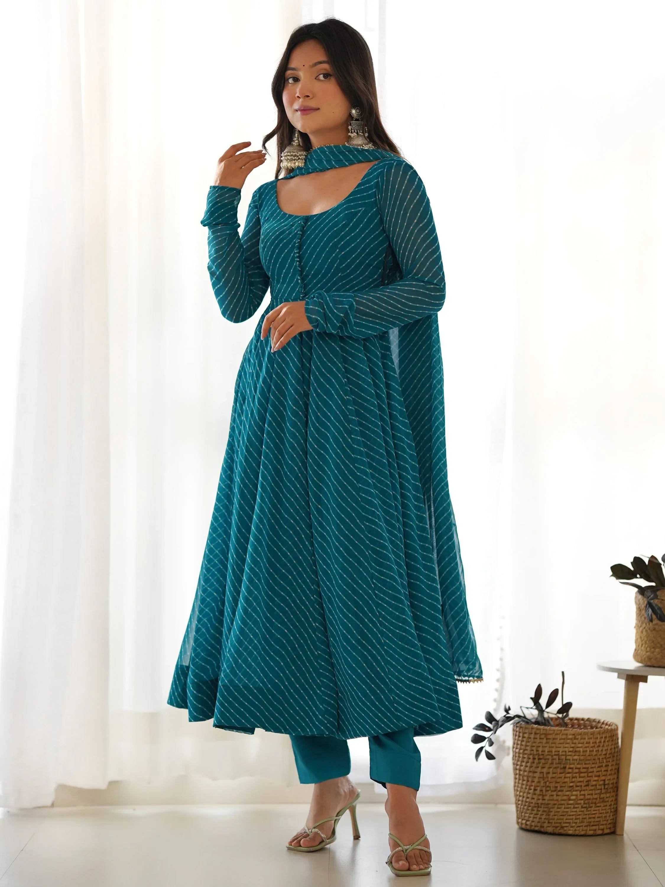 Teal Captivating Laheriya Printed Georgette Anarkali Pant Suit