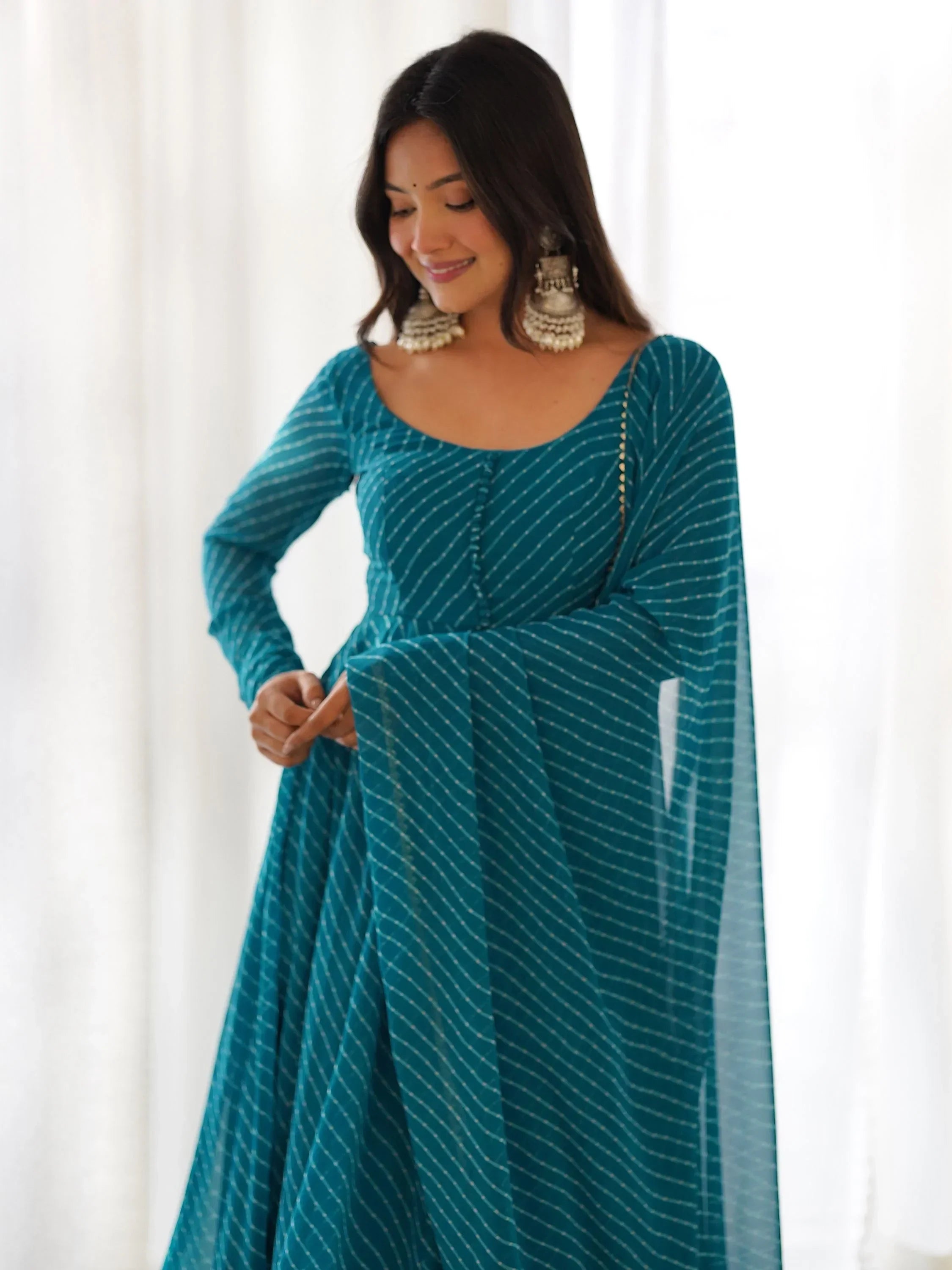 Teal Captivating Laheriya Printed Georgette Anarkali Pant Suit