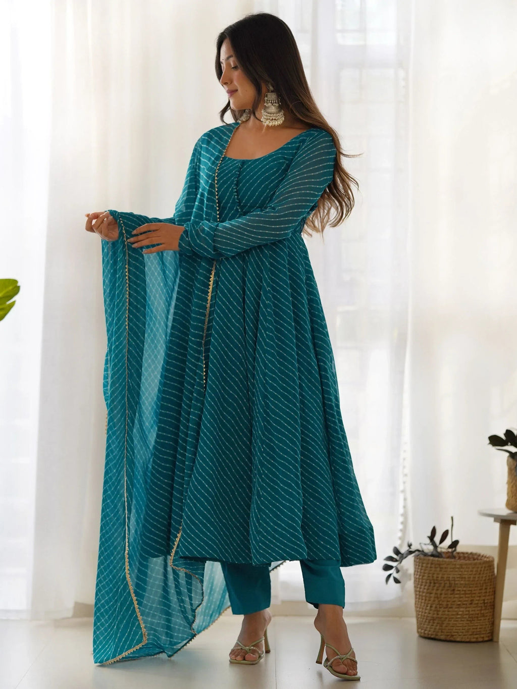 Teal Captivating Laheriya Printed Georgette Anarkali Pant Suit