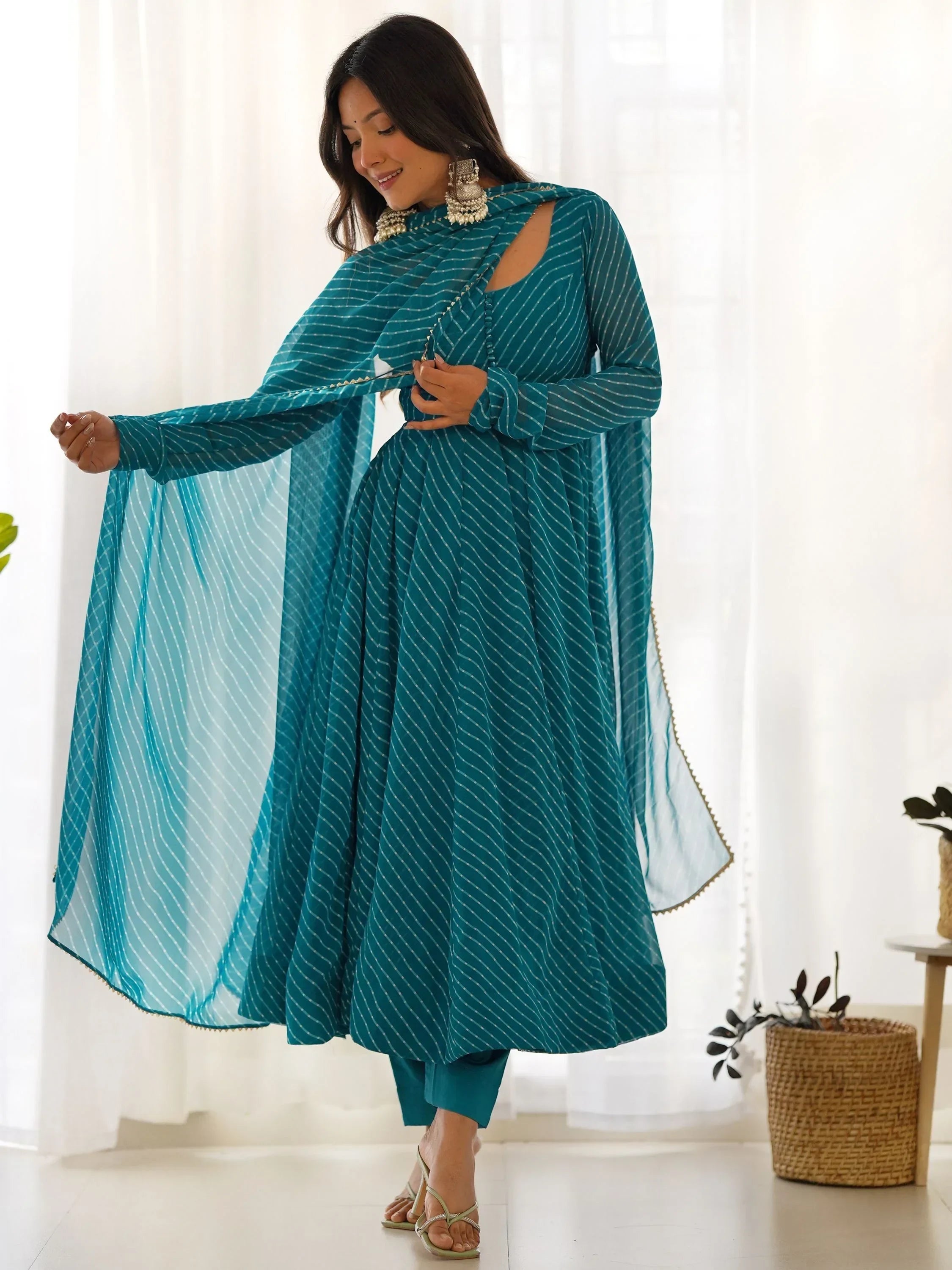 Teal Captivating Laheriya Printed Georgette Anarkali Pant Suit