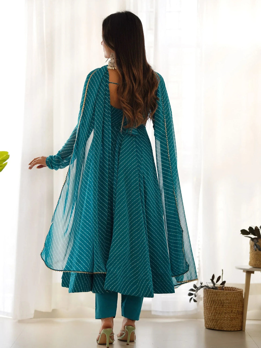 Teal Captivating Laheriya Printed Georgette Anarkali Pant Suit