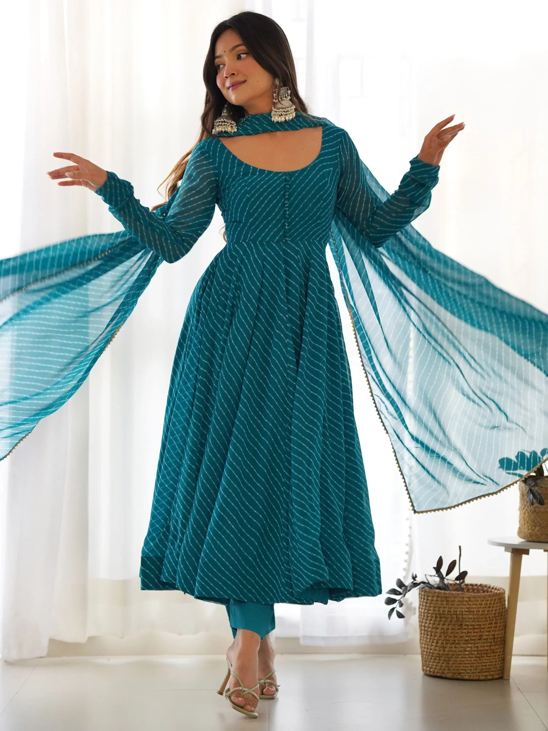Teal Captivating Laheriya Printed Georgette Anarkali Pant Suit